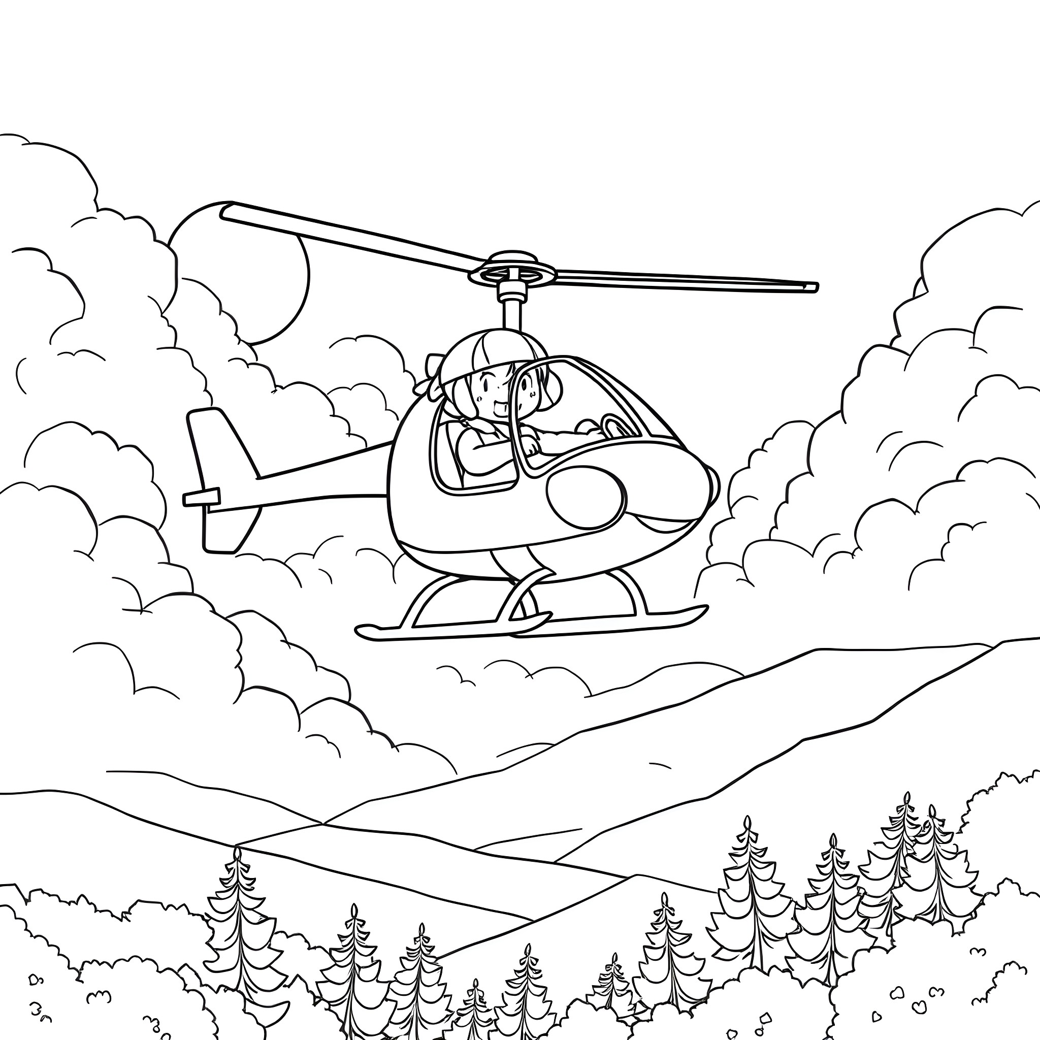 Bluey soaring high in helicopter adventure Coloring Page (free black-and-white line drawing printable PDF for all, from beginners to advanced learners, including children, teens, adults, and seniors)