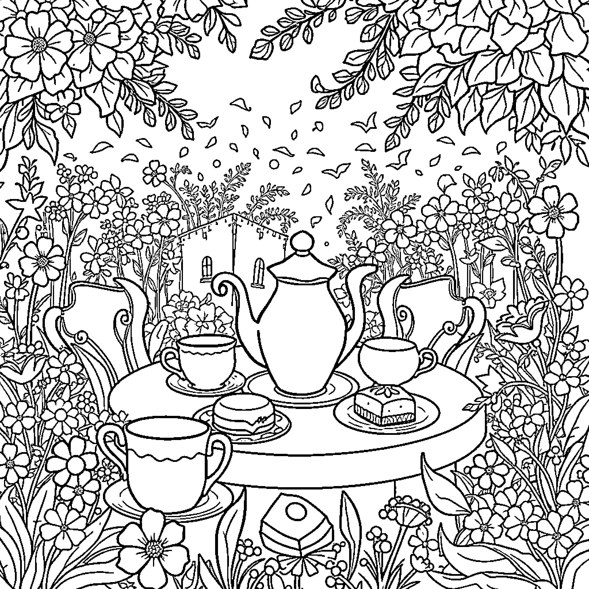 Tea Party with Floral Accents Coloring Page (free black-and-white line drawing printable PDF for all, from beginners to advanced learners, including children, teens, adults, and seniors)