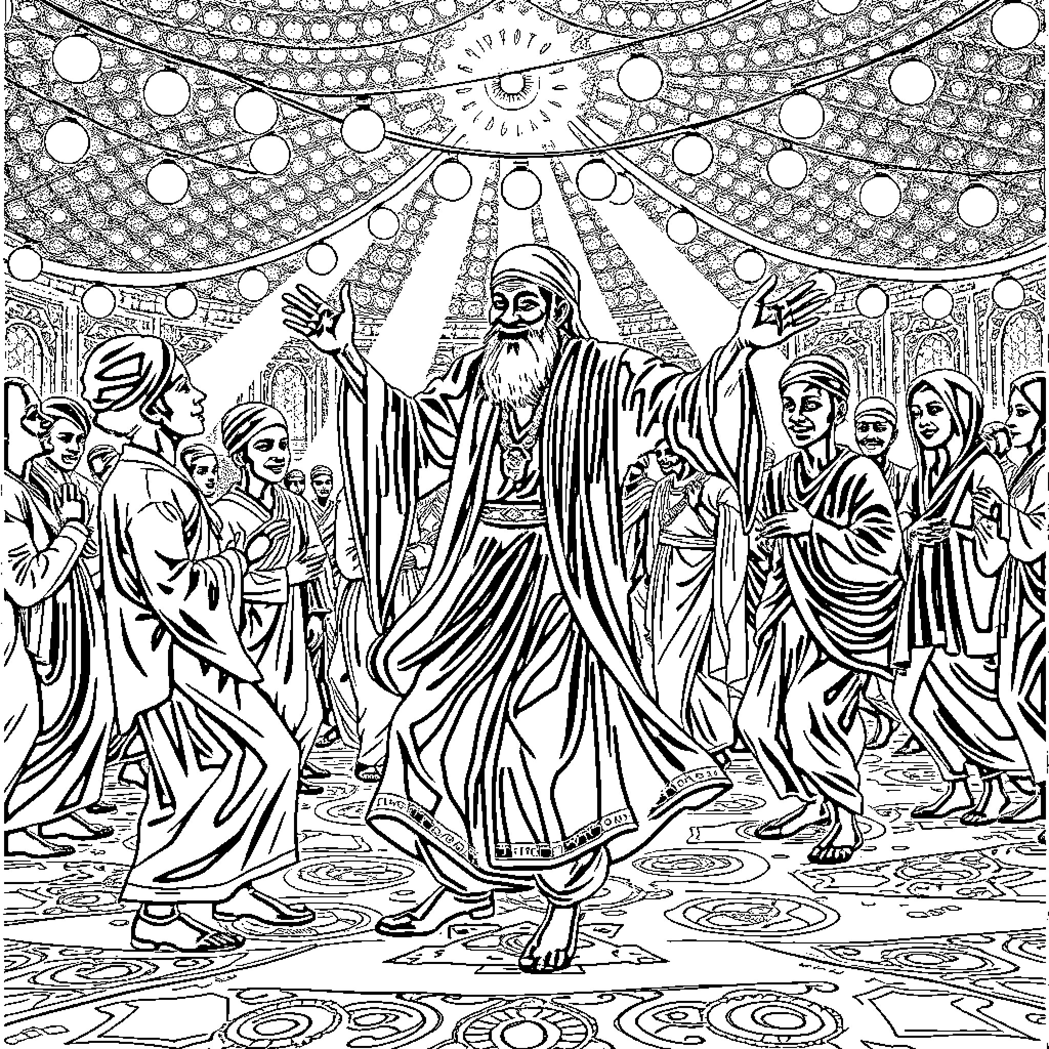 Rumi's Spiritual Gathering in the Celestial Realm Coloring Page (free black-and-white line drawing printable PDF for all, from beginners to advanced learners, including children, teens, adults, and seniors)
