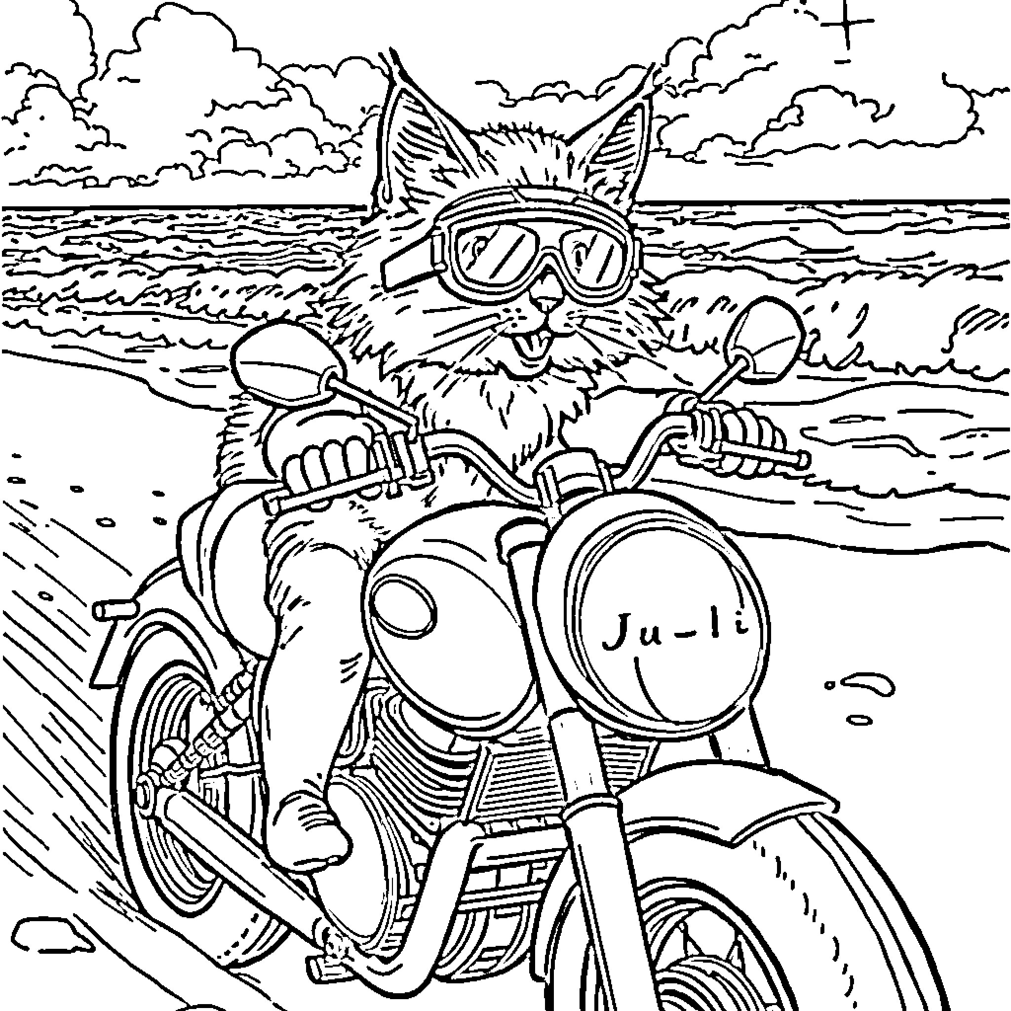 Cat Riding Motorcycle on the Beach Coloring Page (free black-and-white line drawing printable PDF for all, from beginners to advanced learners, including children, teens, adults, and seniors)