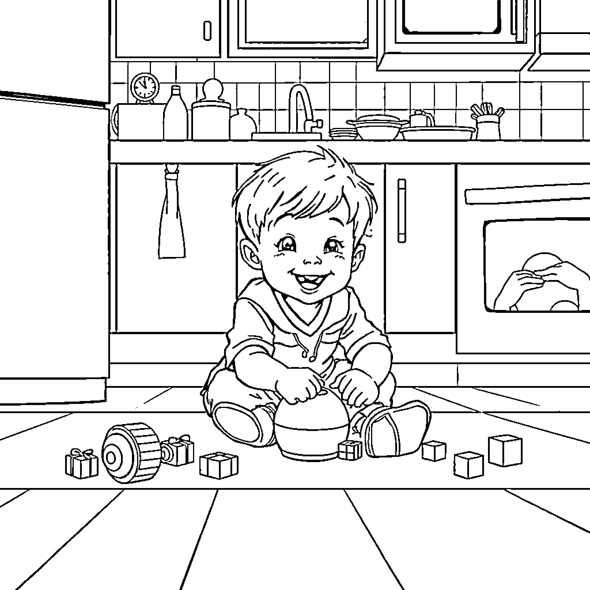 Boy playing happily with toys in the kitchen Coloring Page (free black-and-white line drawing printable PDF for all, from beginners to advanced learners, including children, teens, adults, and seniors)