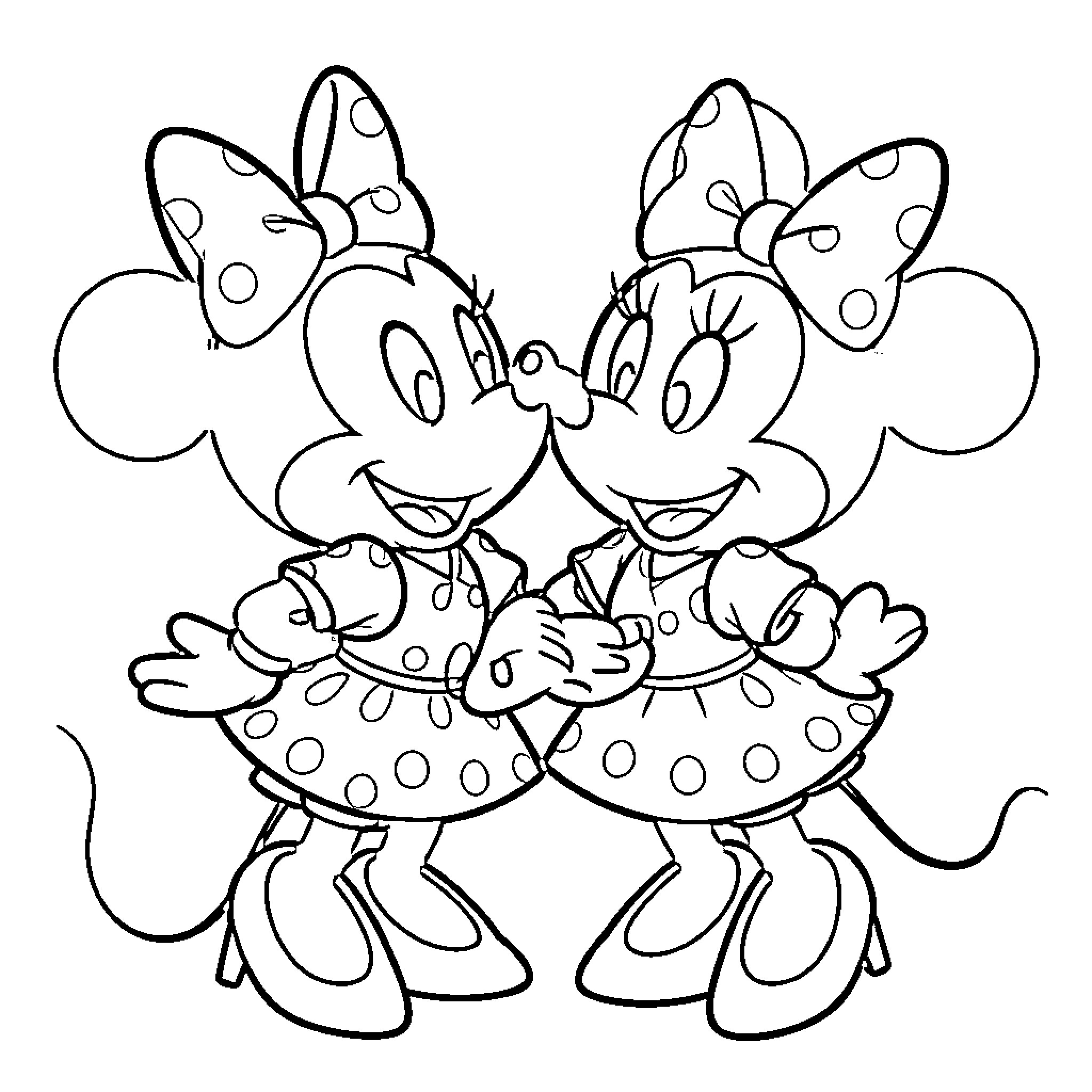 Miki and Minnie in Polka Dot Dresses Coloring Page (free black-and-white line drawing printable PDF for all, from beginners to advanced learners, including children, teens, adults, and seniors)
