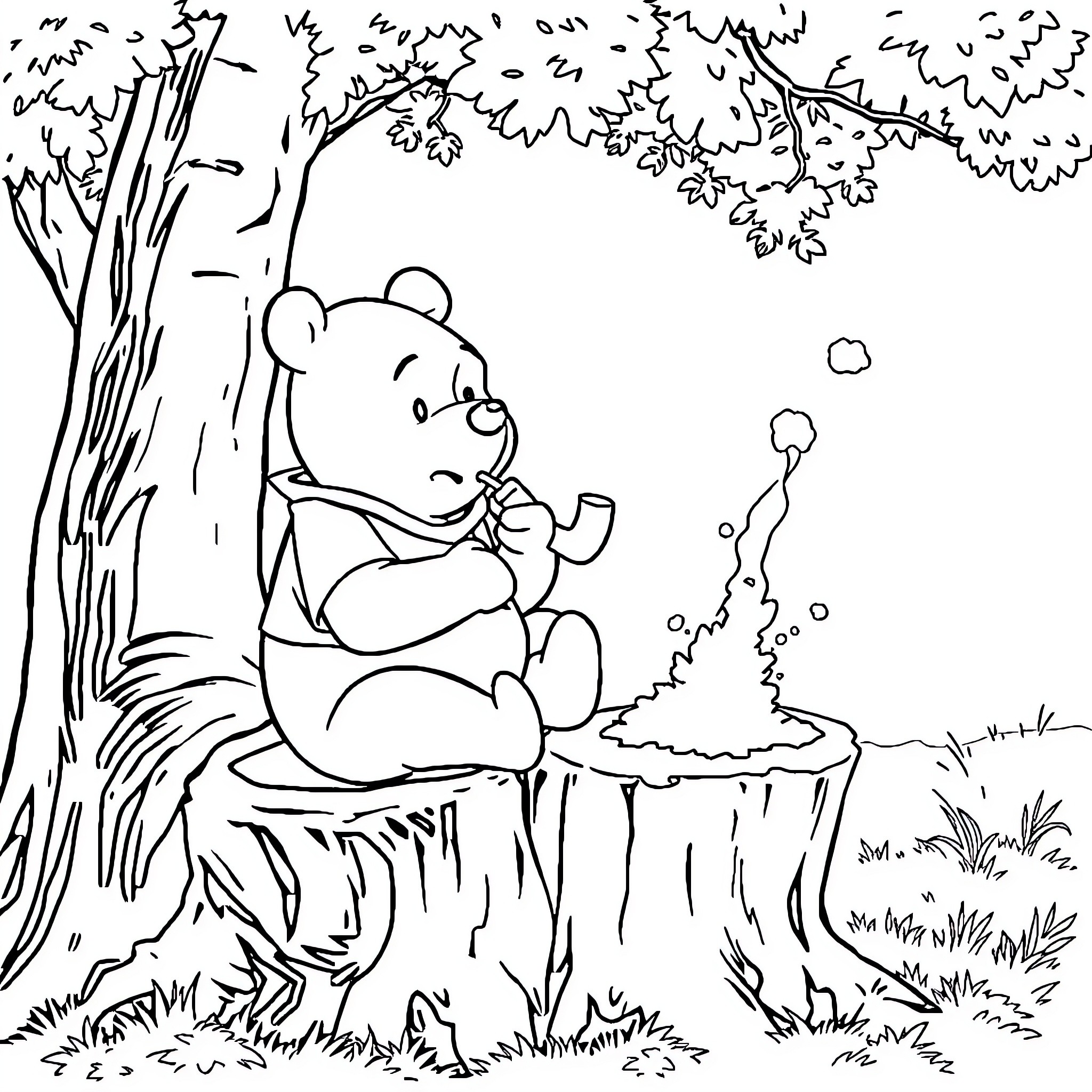 Winnie The Pooh relaxing in the forest Coloring Page (free black-and-white line drawing printable PDF for all, from beginners to advanced learners, including children, teens, adults, and seniors)