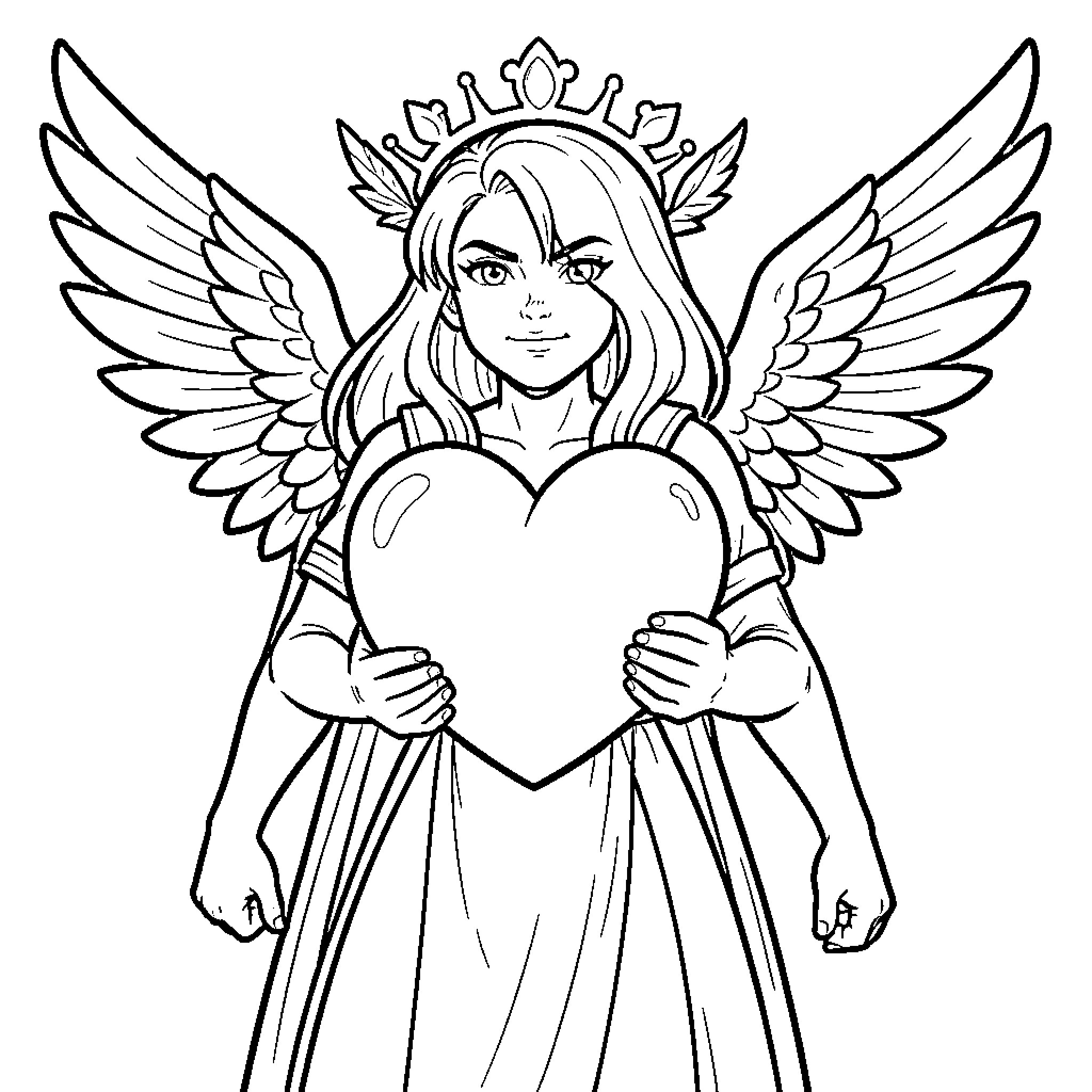 Corazon - Angelic figure holding a heart Coloring Page (free black-and-white line drawing printable PDF for all, from beginners to advanced learners, including children, teens, adults, and seniors)