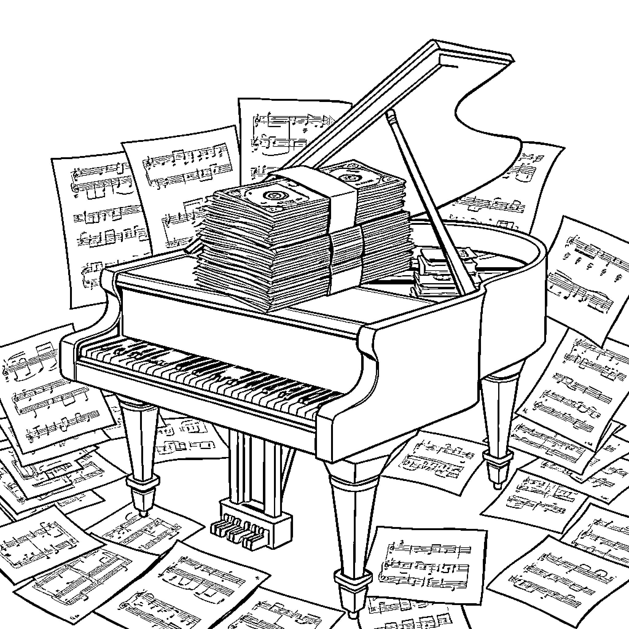 Money Flowing from Grand Piano Surrounded by Sheet Music Coloring Page (free black-and-white line drawing printable PDF for all, from beginners to advanced learners, including children, teens, adults, and seniors)