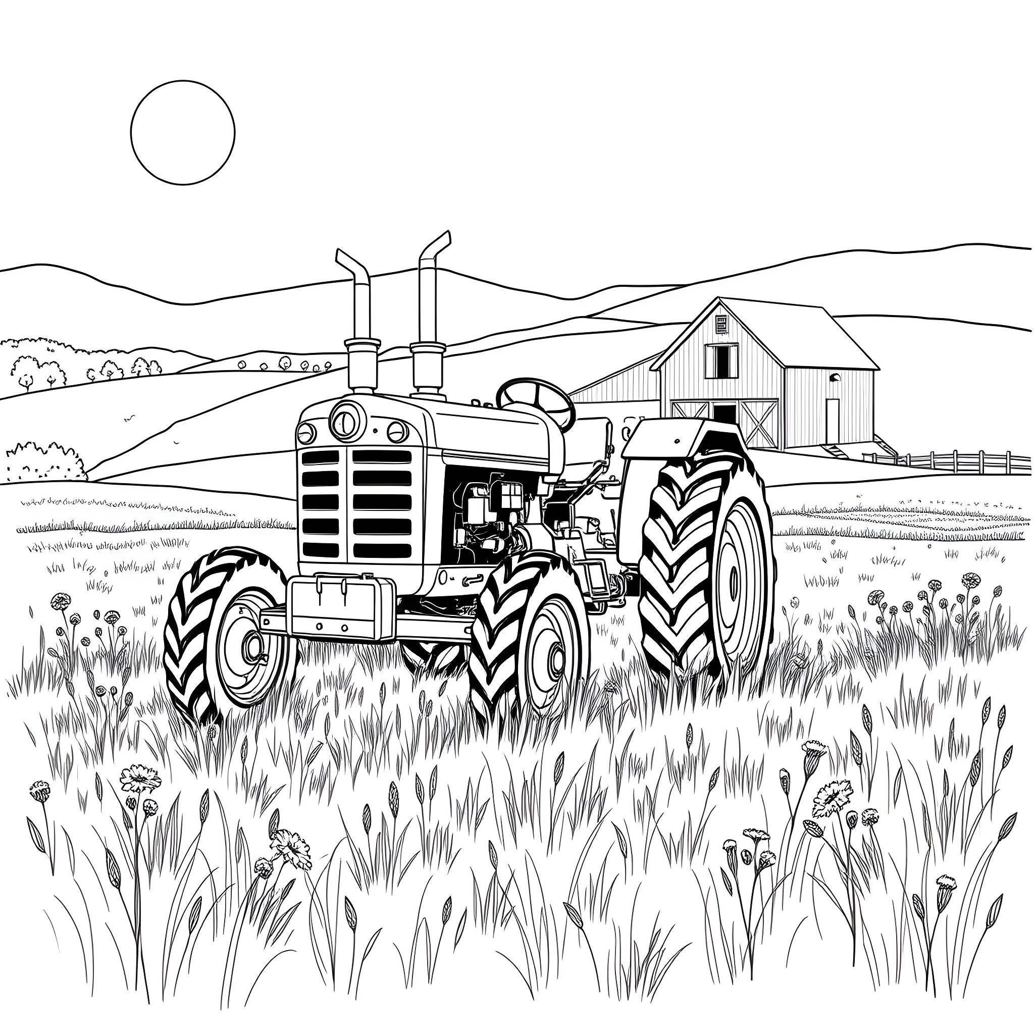 Tractor plowing the field on a farm landscape Coloring Page (free black-and-white line drawing printable PDF for all, from beginners to advanced learners, including children, teens, adults, and seniors)
