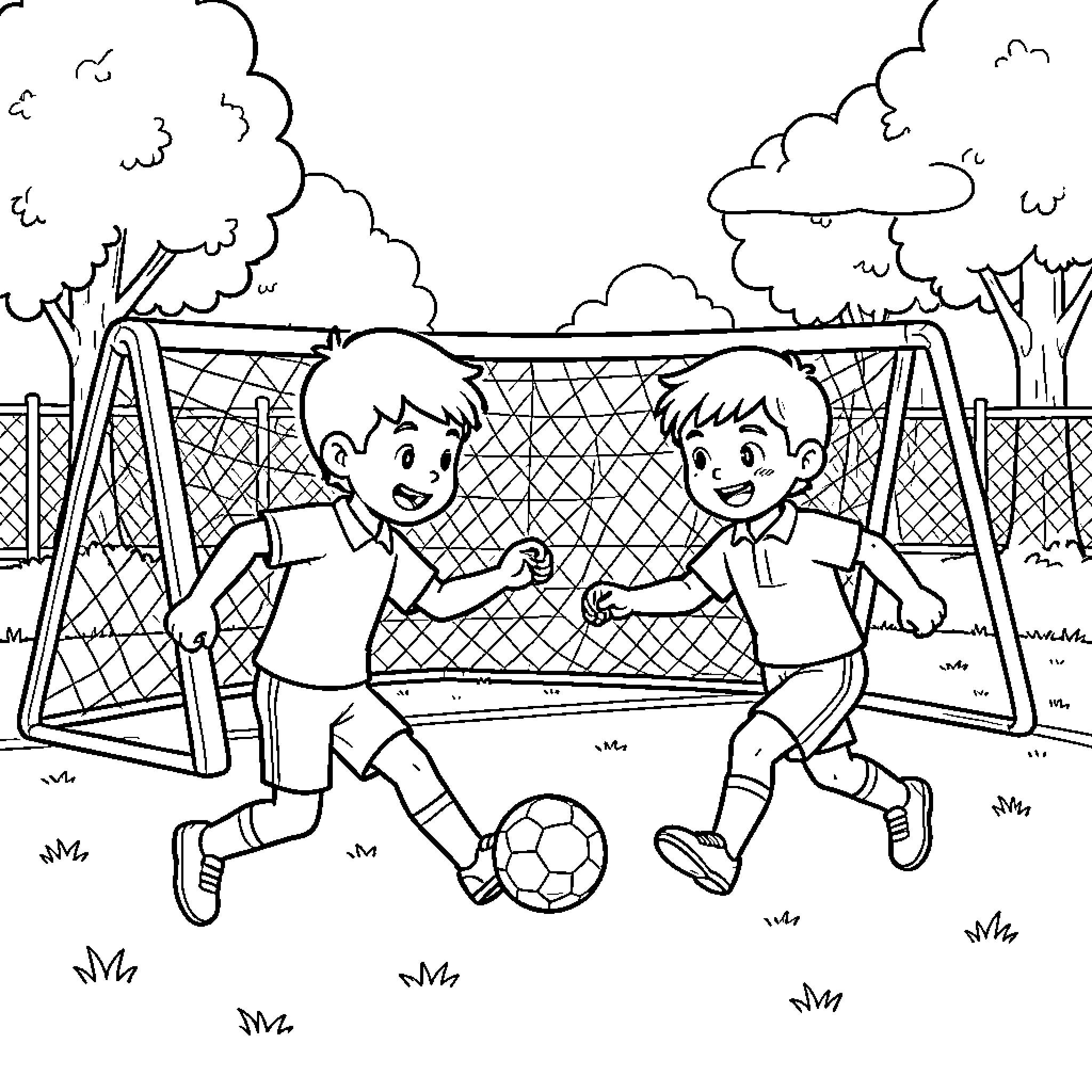 Paw Patrol characters playing soccer in a field Coloring Page (free black-and-white line drawing printable PDF for all, from beginners to advanced learners, including children, teens, adults, and seniors)