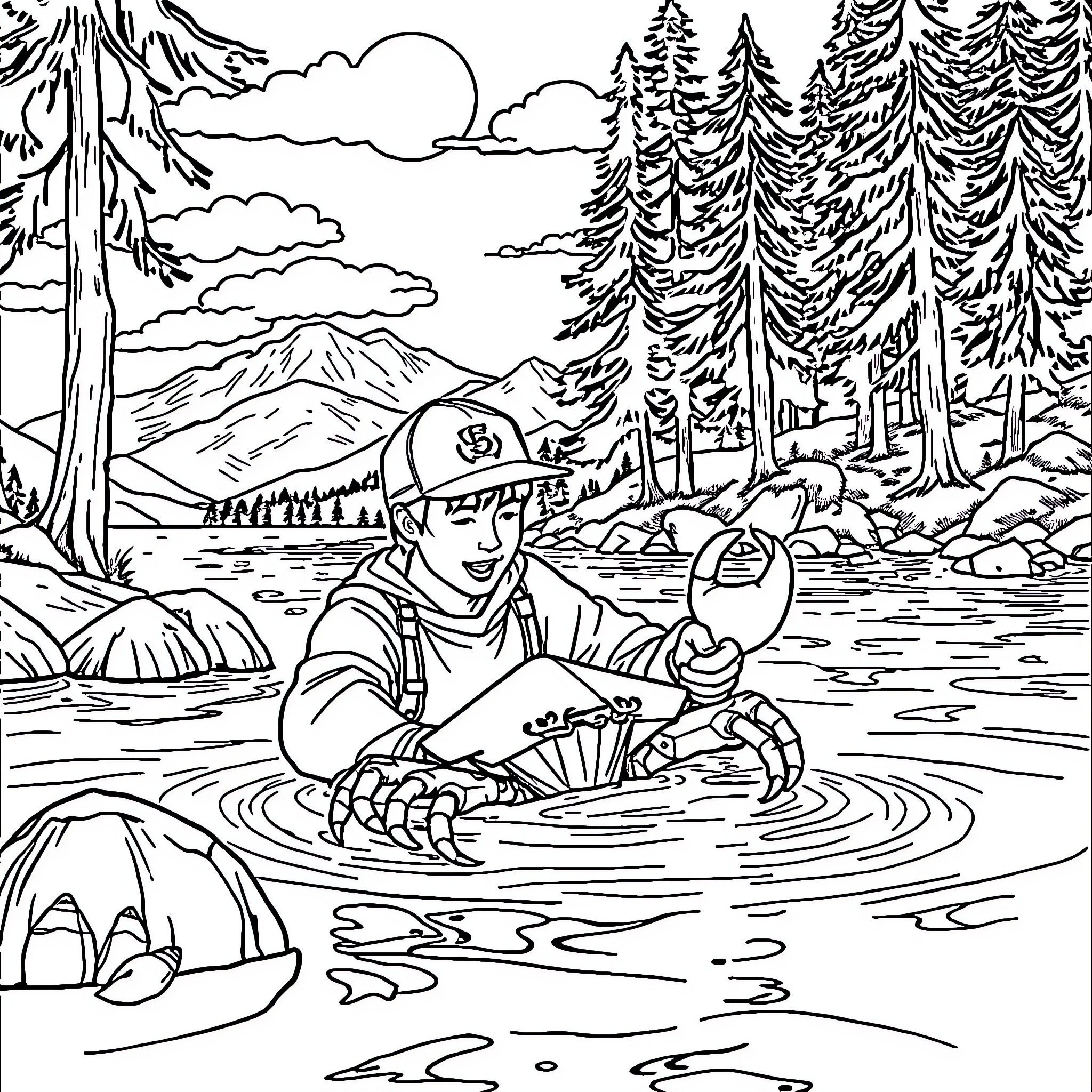 Shohei Ohtani fishing in the serene forest landscape Coloring Page (free black-and-white line drawing printable PDF for all, from beginners to advanced learners, including children, teens, adults, and seniors)