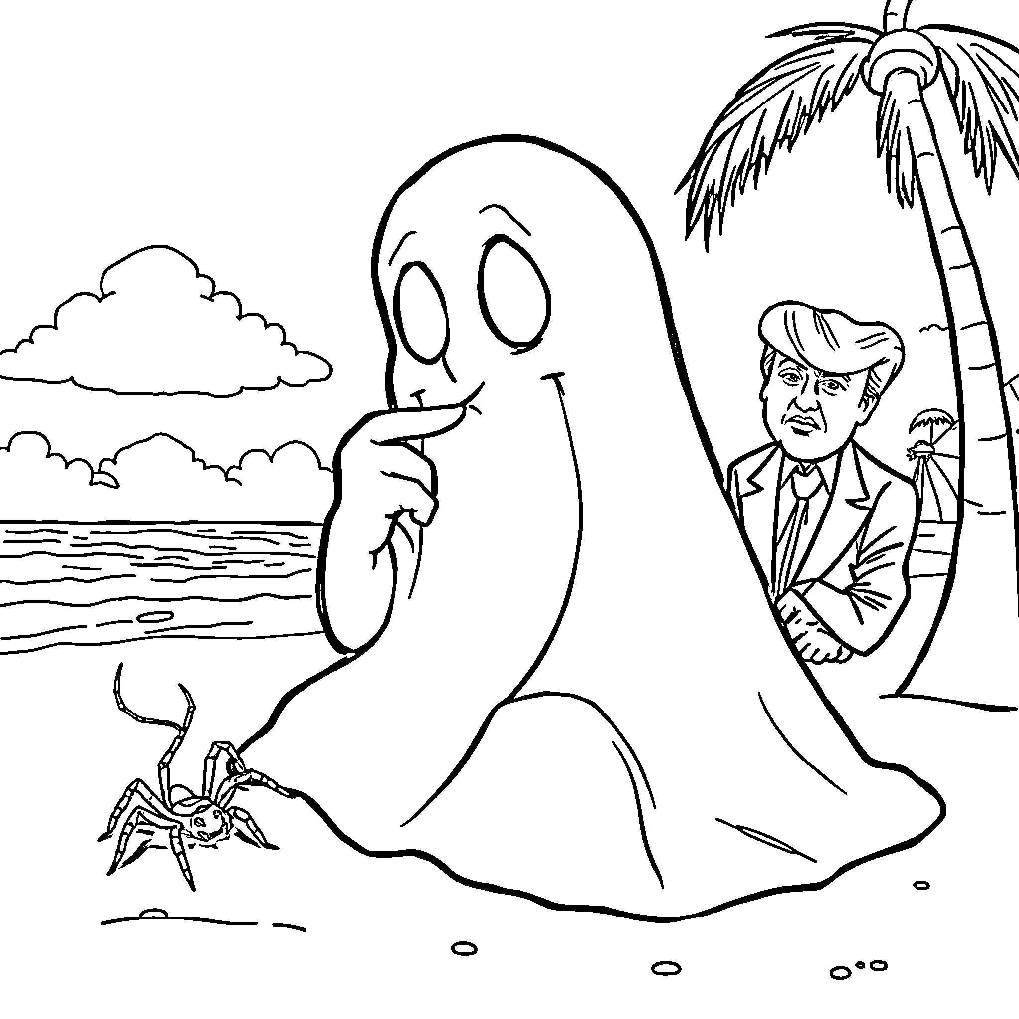 Ghost contemplating a crab on the beach Coloring Page (free black-and-white line drawing printable PDF for all, from beginners to advanced learners, including children, teens, adults, and seniors)