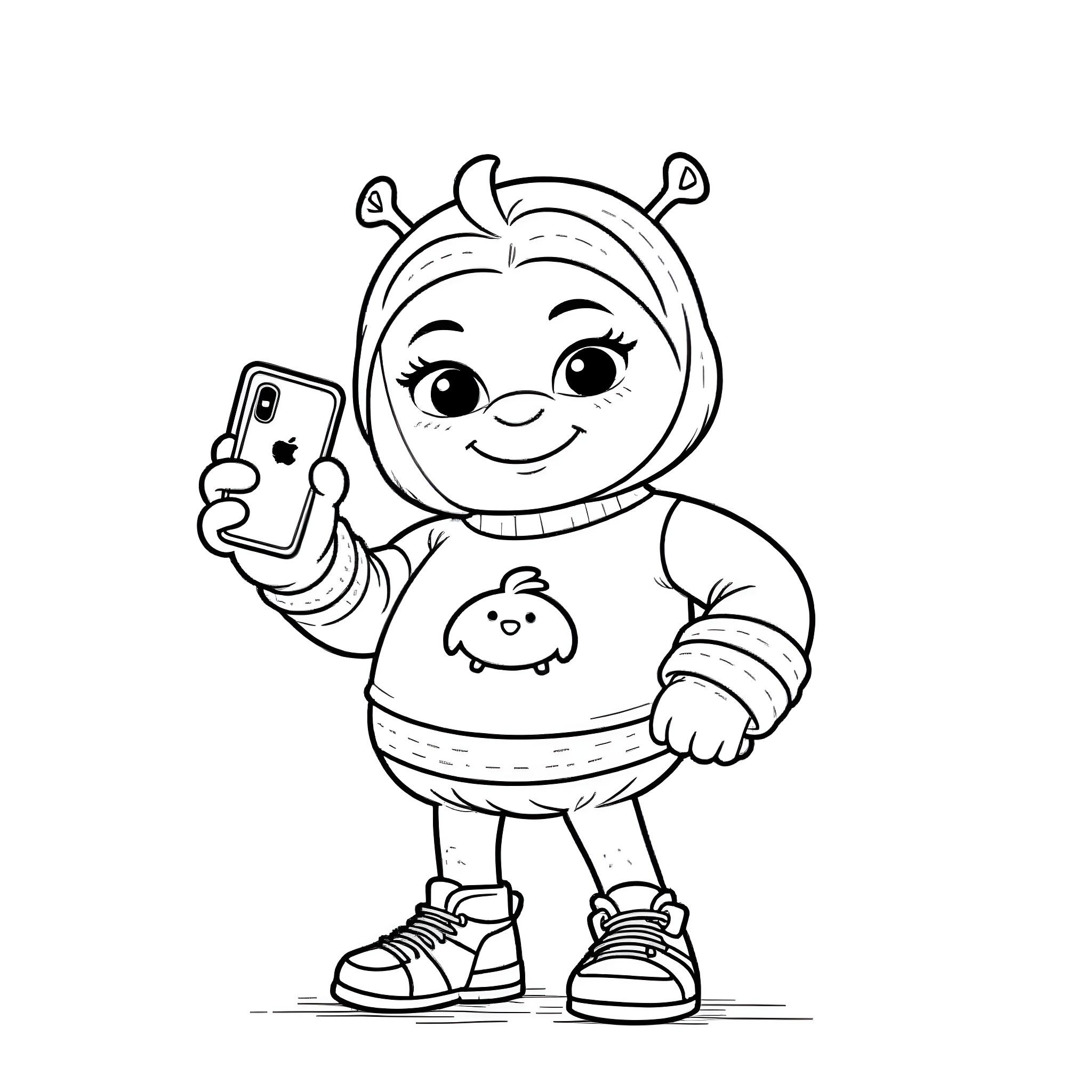 Shrek character holding a smartphone Coloring Page (free black-and-white line drawing printable PDF for all, from beginners to advanced learners, including children, teens, adults, and seniors)