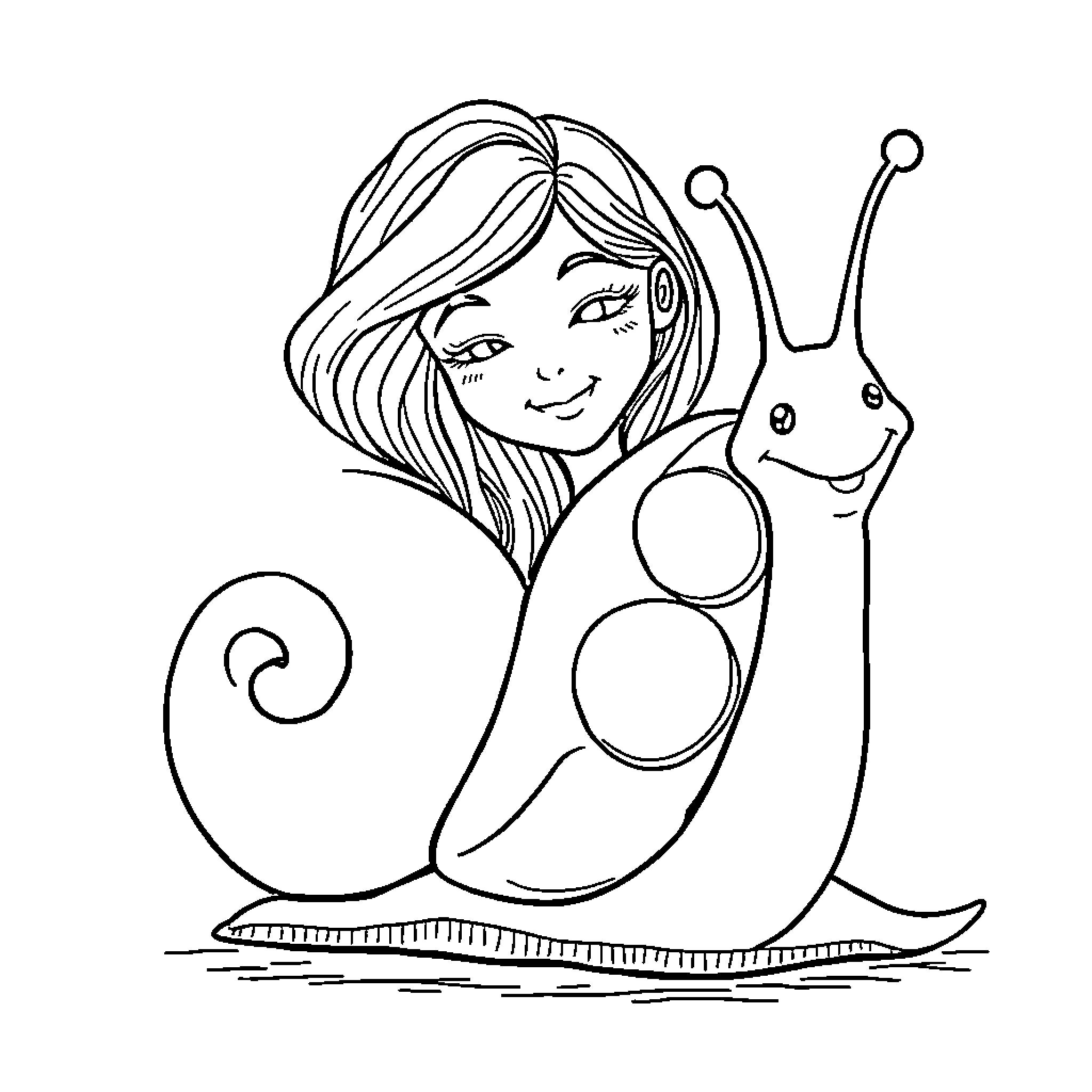 Snail girl happily interacting with a friendly snail Coloring Page (free black-and-white line drawing printable PDF for all, from beginners to advanced learners, including children, teens, adults, and seniors)