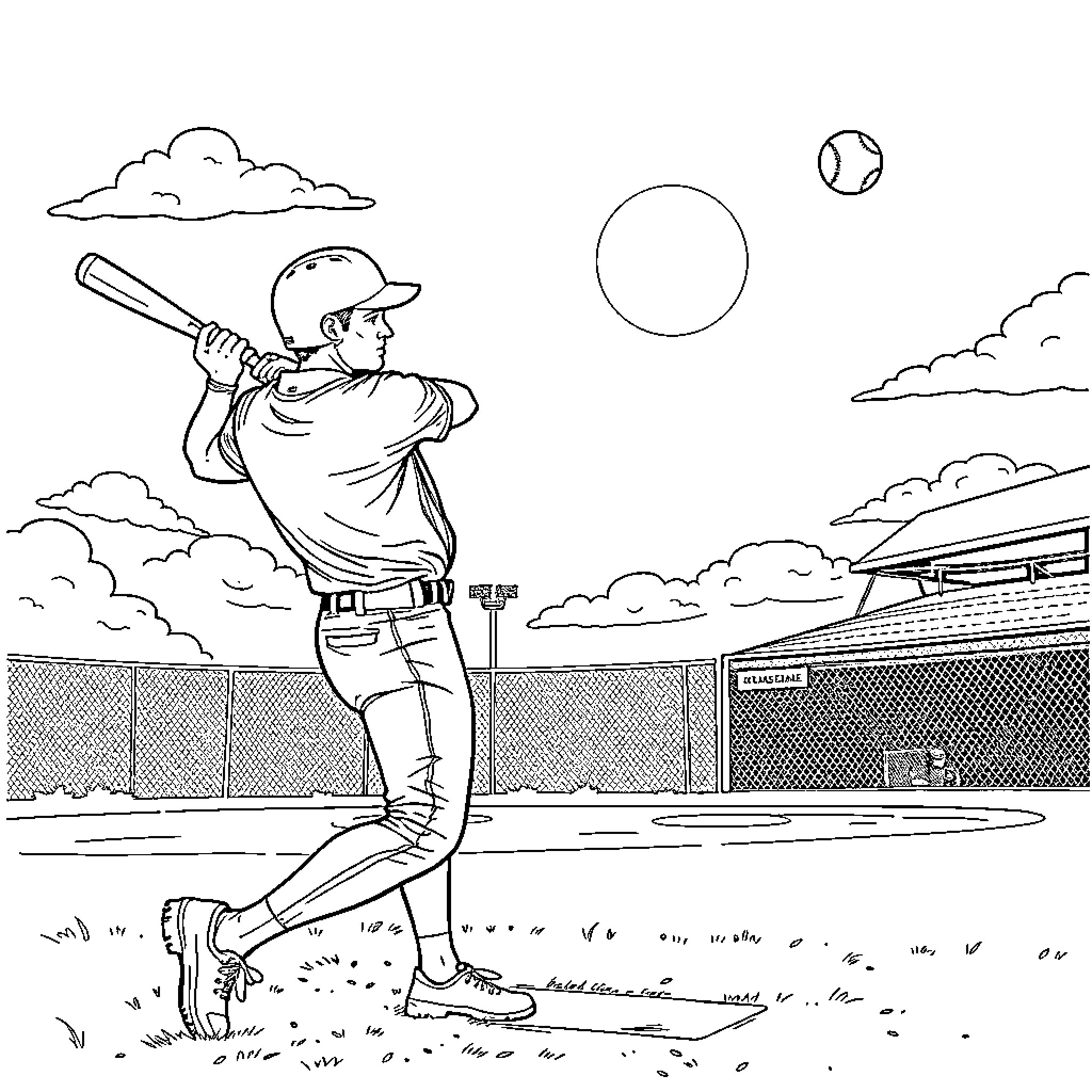 Baseball Player Batting in the Ballpark Coloring Page (free black-and-white line drawing printable PDF for all, from beginners to advanced learners, including children, teens, adults, and seniors)
