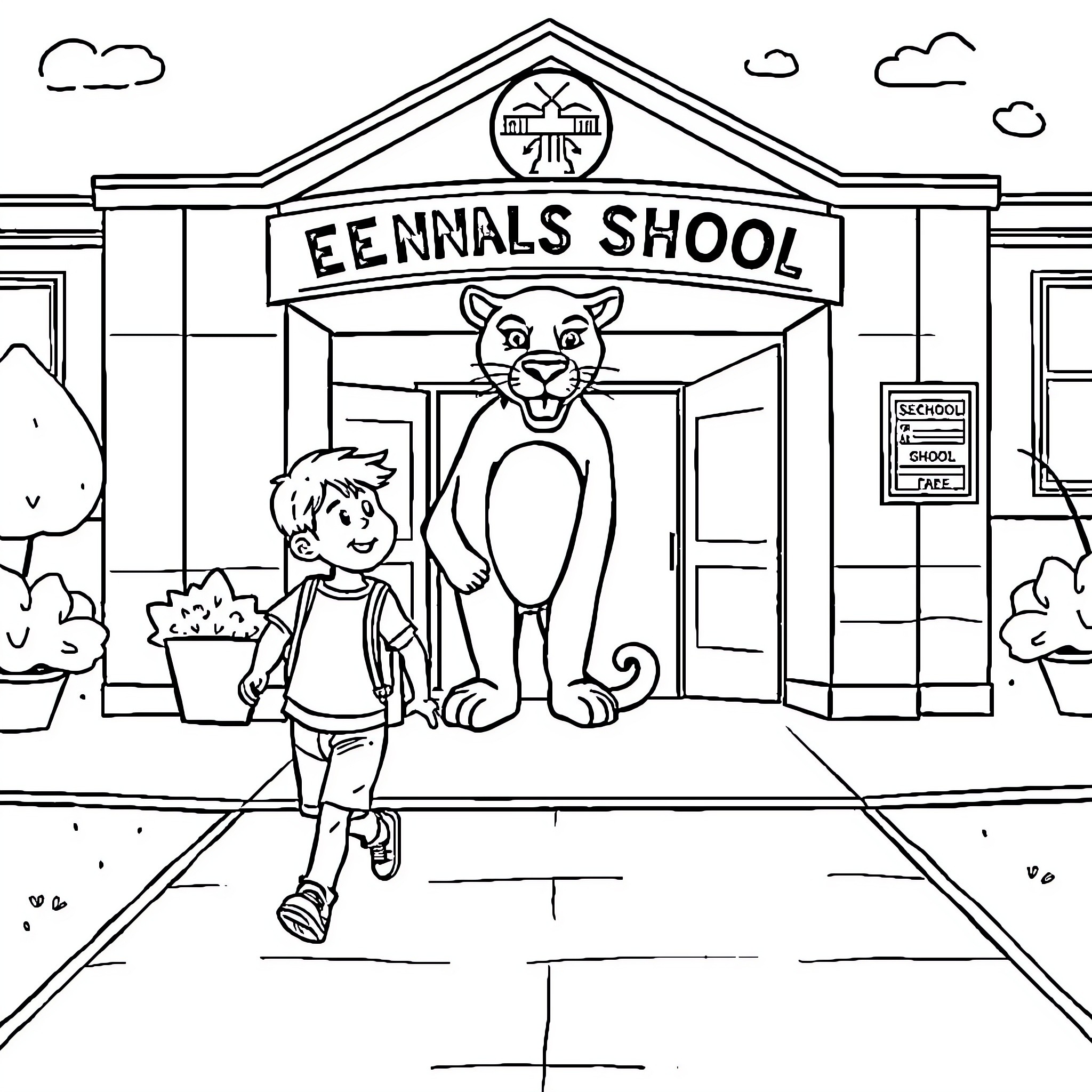 Boy entering animal school with large cat mascot Coloring Page (free black-and-white line drawing printable PDF for all, from beginners to advanced learners, including children, teens, adults, and seniors)