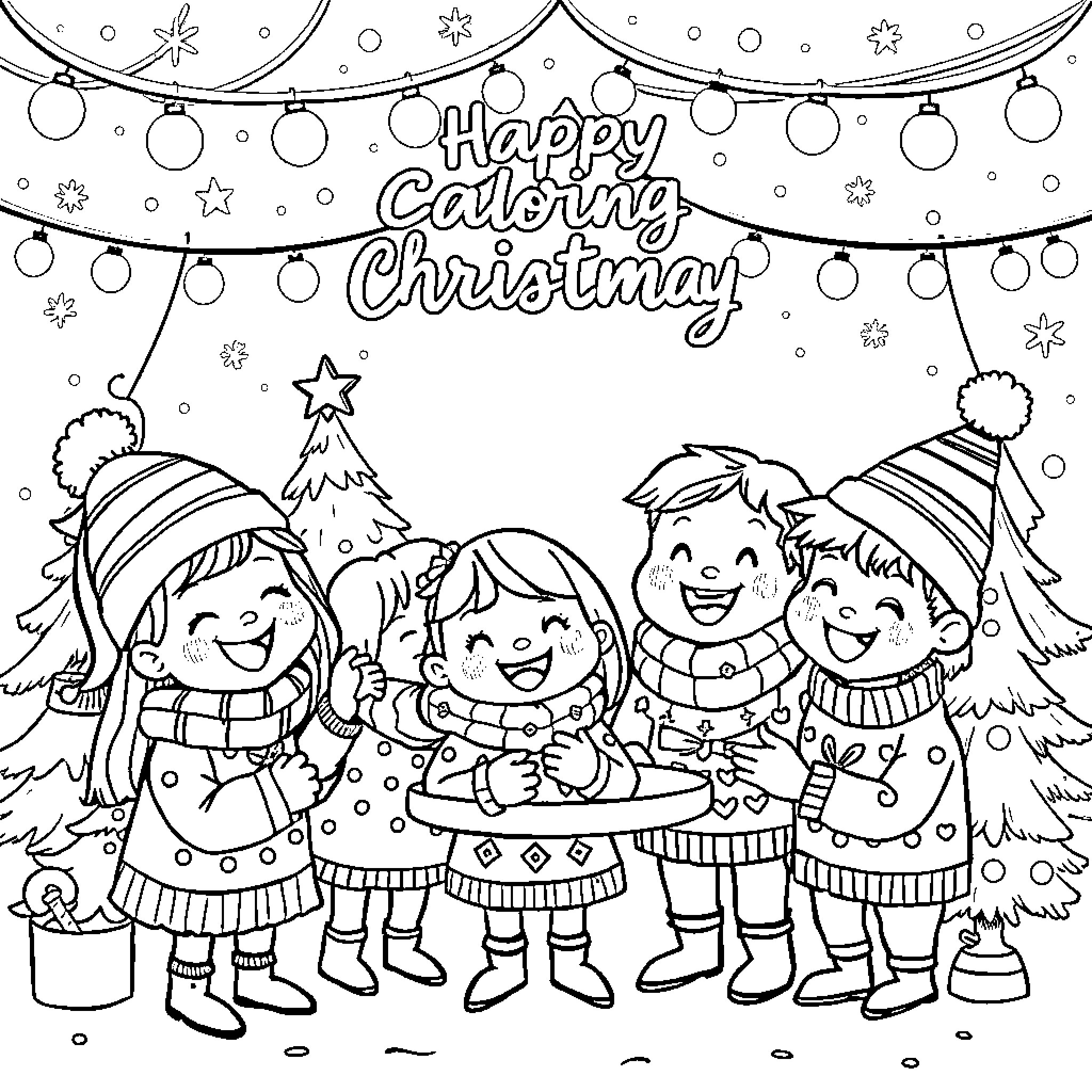 Character Celebrating Christmas with Friends Coloring Page (free black-and-white line drawing printable PDF for all, from beginners to advanced learners, including children, teens, adults, and seniors)