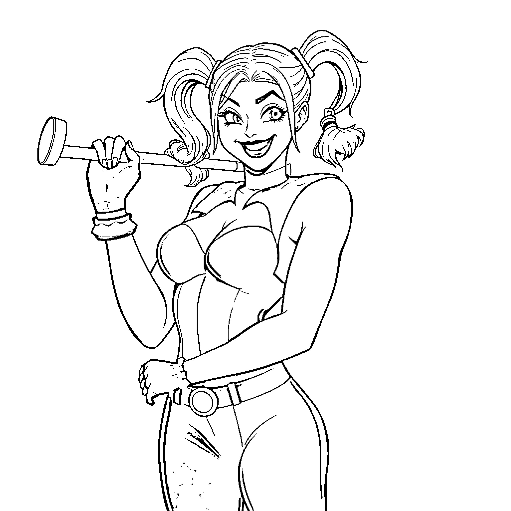 Harley Quinn's Mischievous Antics Coloring Page (free black-and-white line drawing printable PDF for all, from beginners to advanced learners, including children, teens, adults, and seniors)
