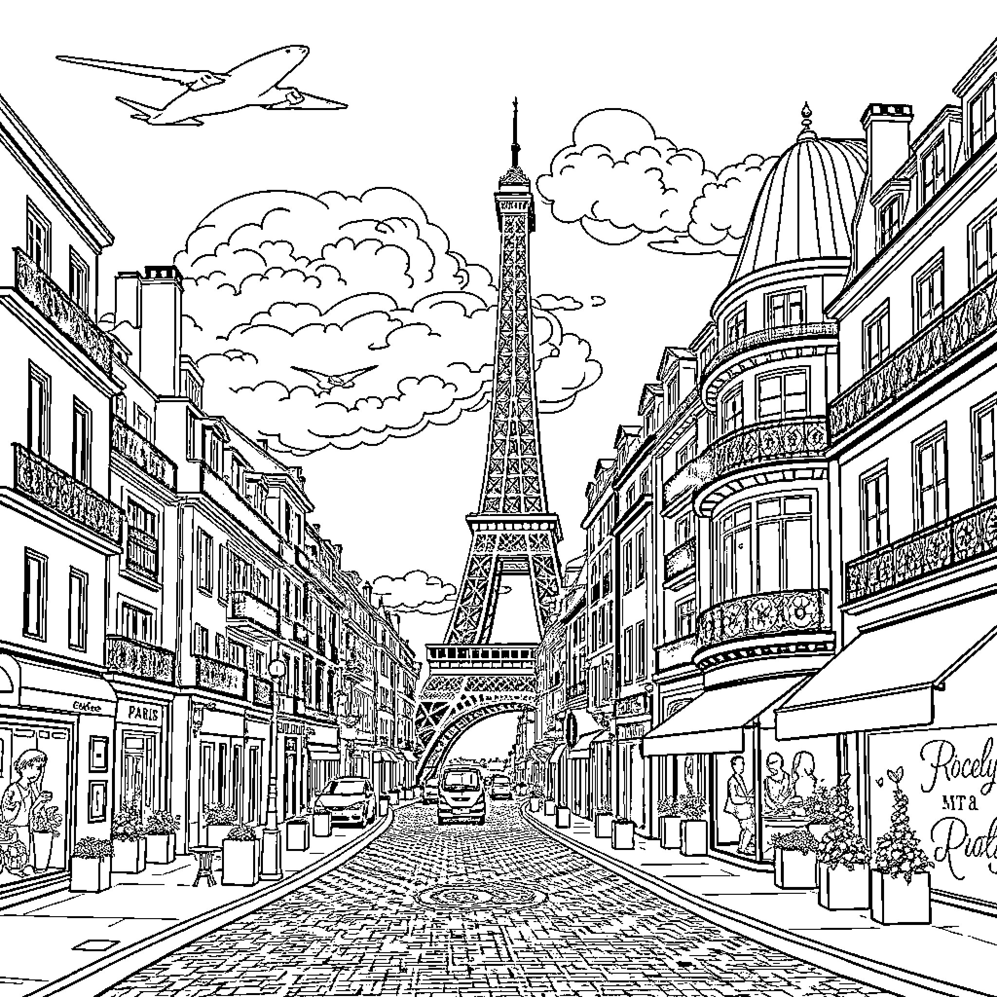 Paris scene with Eiffel Tower and busy street Coloring Page (free black-and-white line drawing printable PDF for all, from beginners to advanced learners, including children, teens, adults, and seniors)