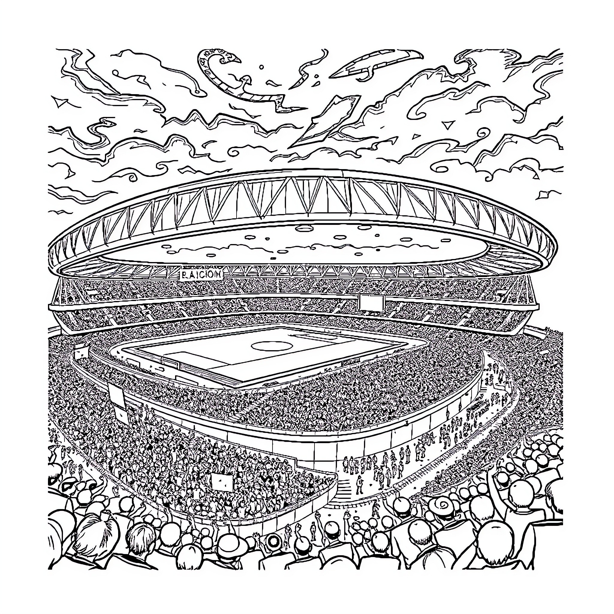 Estadio Filled with Enthusiastic Crowd at Sports Event Coloring Page (free black-and-white line drawing printable PDF for all, from beginners to advanced learners, including children, teens, adults, and seniors)