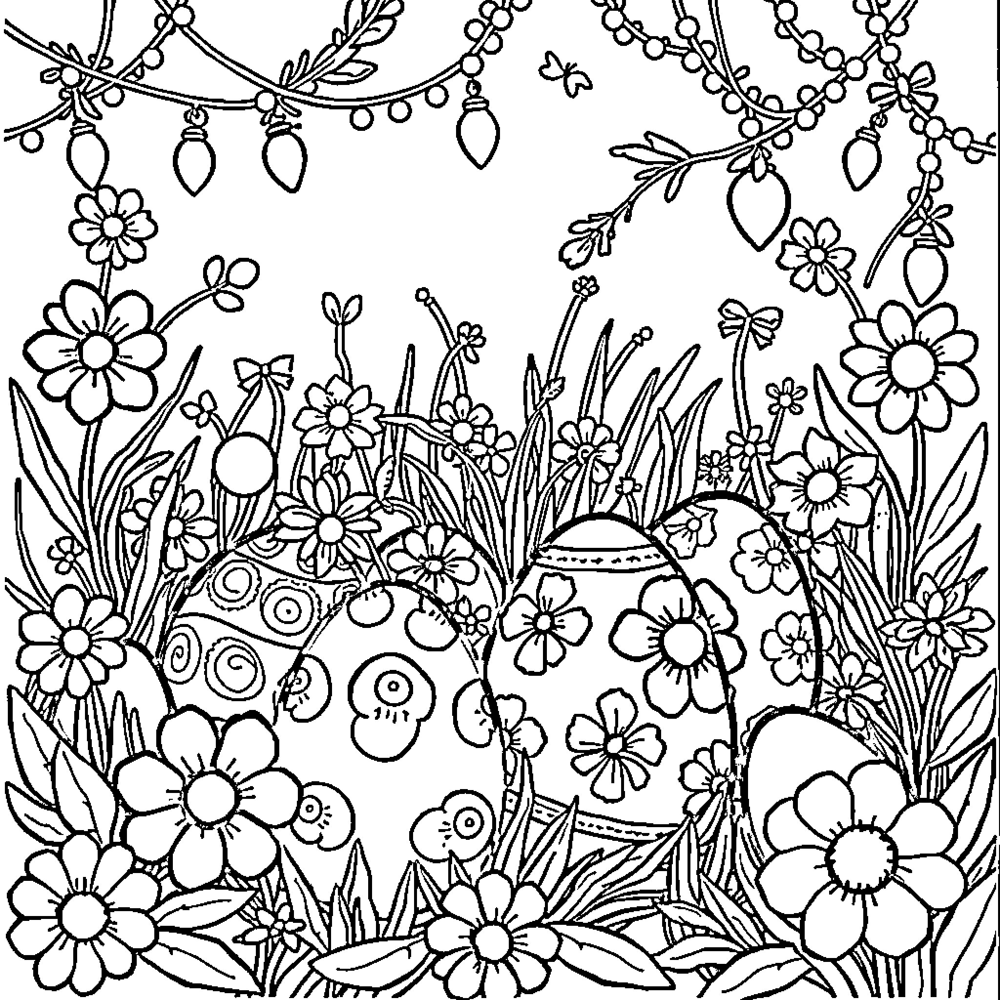 Easter Floral Scene with Ornate Eggs Coloring Page (free black-and-white line drawing printable PDF for all, from beginners to advanced learners, including children, teens, adults, and seniors)
