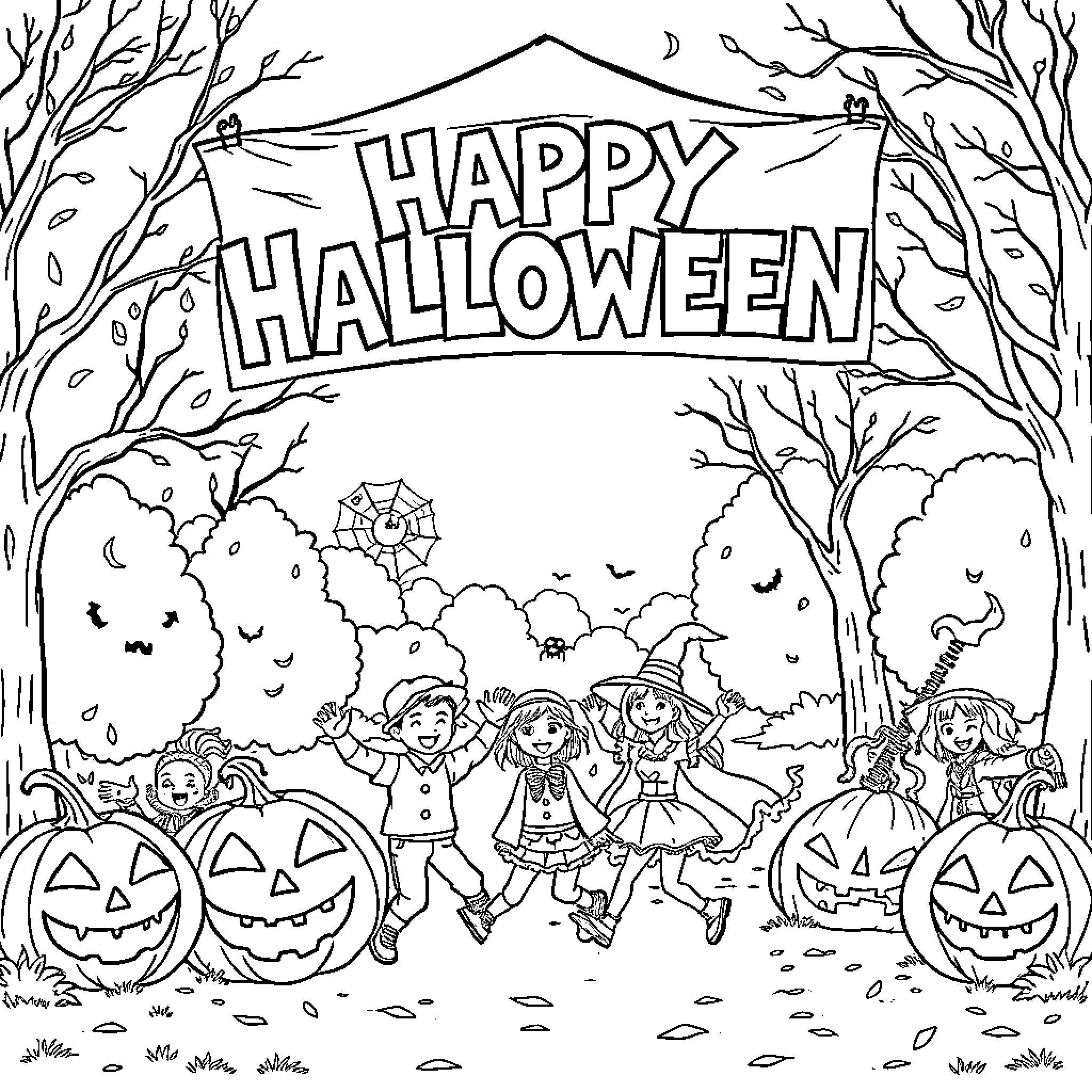 Halloween fun with children in costumes Coloring Page (free black-and-white line drawing printable PDF for all, from beginners to advanced learners, including children, teens, adults, and seniors)