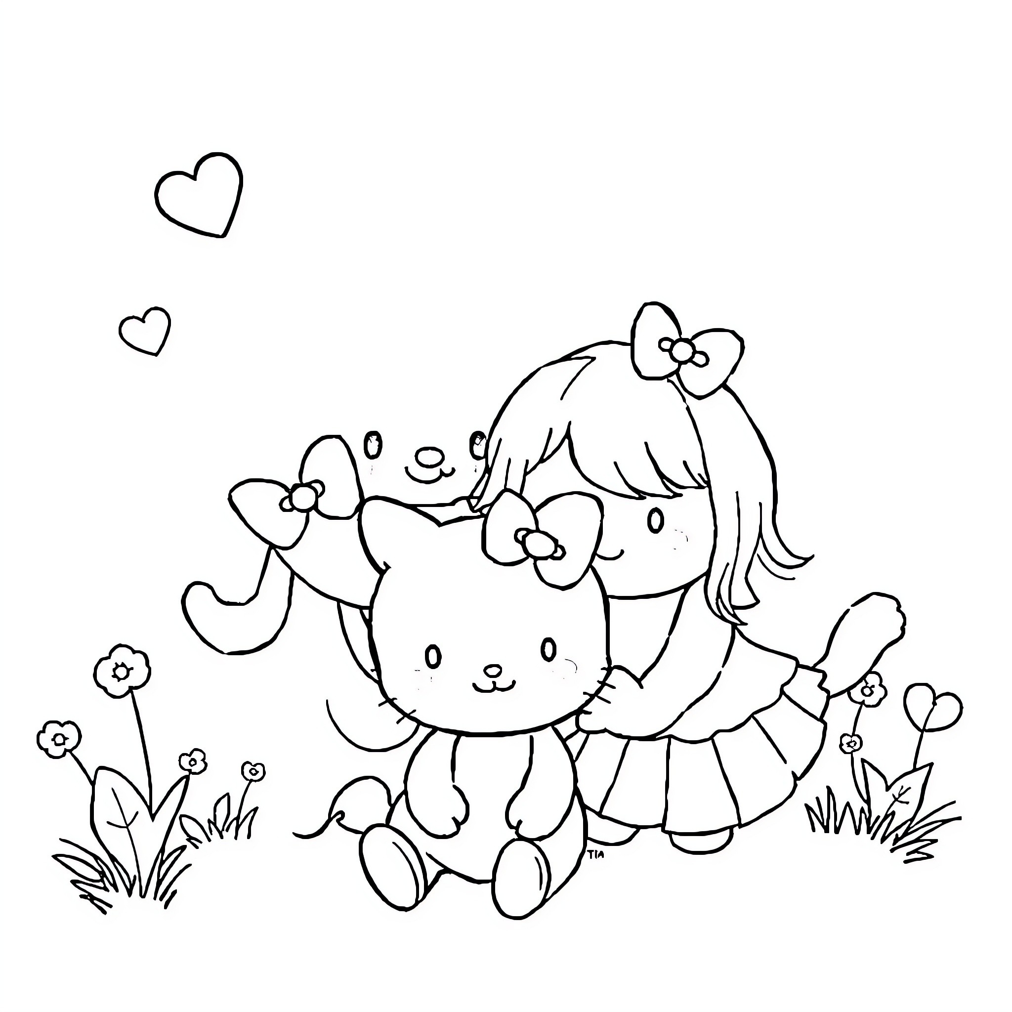 Sanrio Character embracing a cute plush toy in a floral setting Coloring Page (free black-and-white line drawing printable PDF for all, from beginners to advanced learners, including children, teens, adults, and seniors)