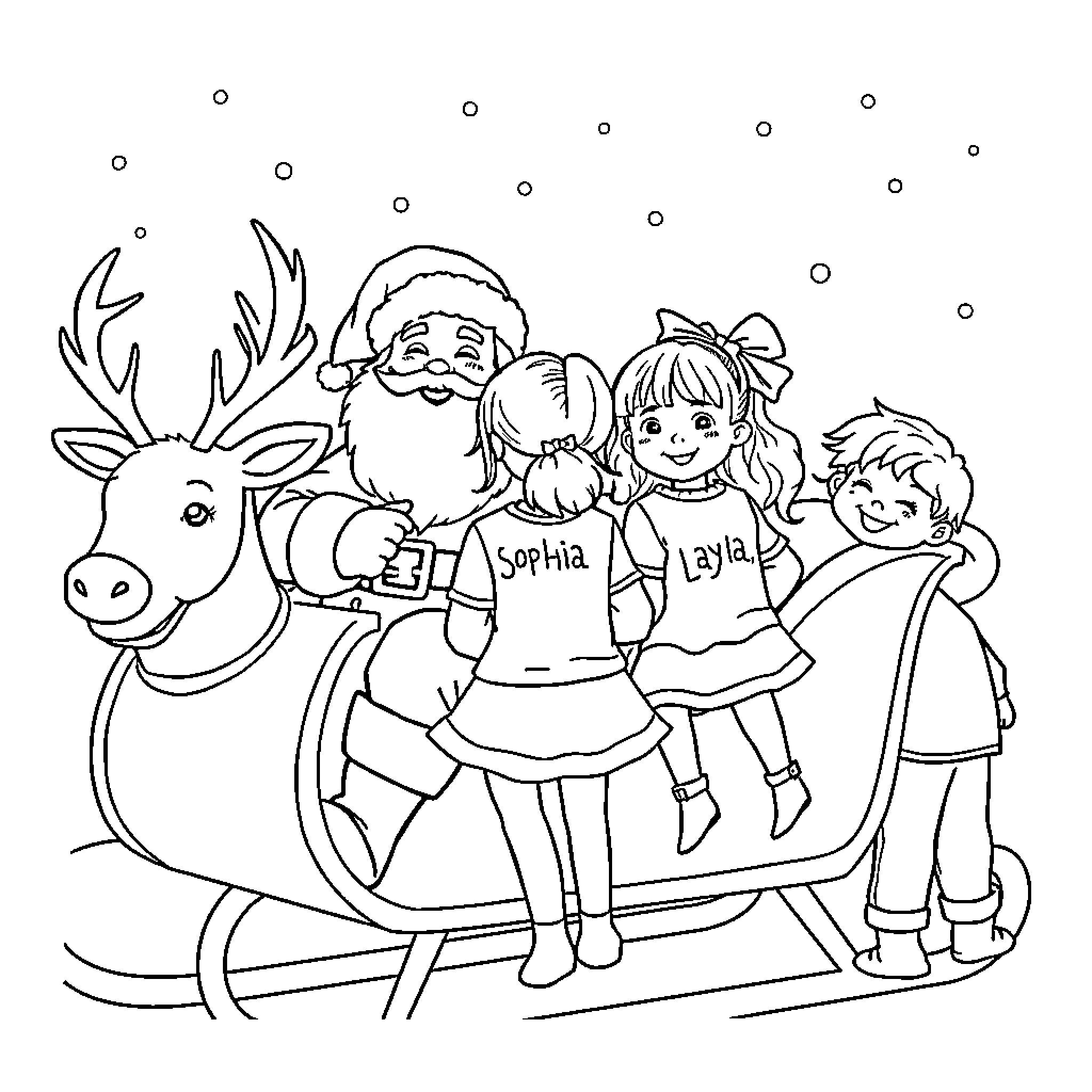 Santa's Joyful Sleigh Ride with Children Coloring Page (free black-and-white line drawing printable PDF for all, from beginners to advanced learners, including children, teens, adults, and seniors)