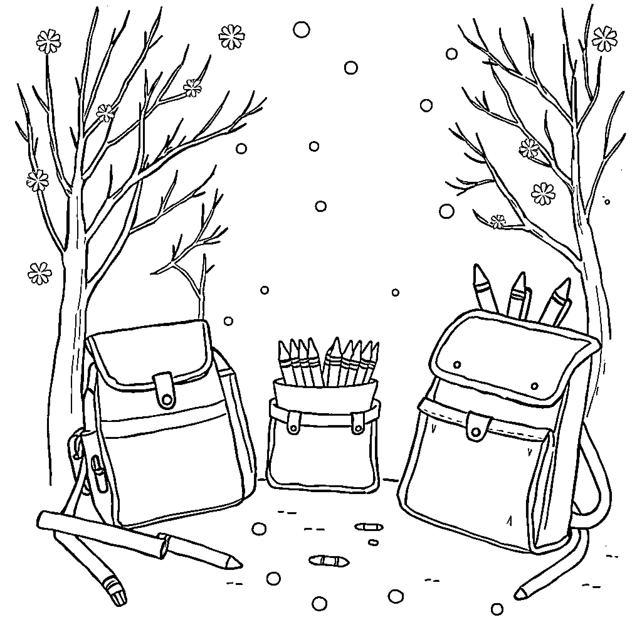 February school supplies in the snow Coloring Page (free black-and-white line drawing printable PDF for all, from beginners to advanced learners, including children, teens, adults, and seniors)