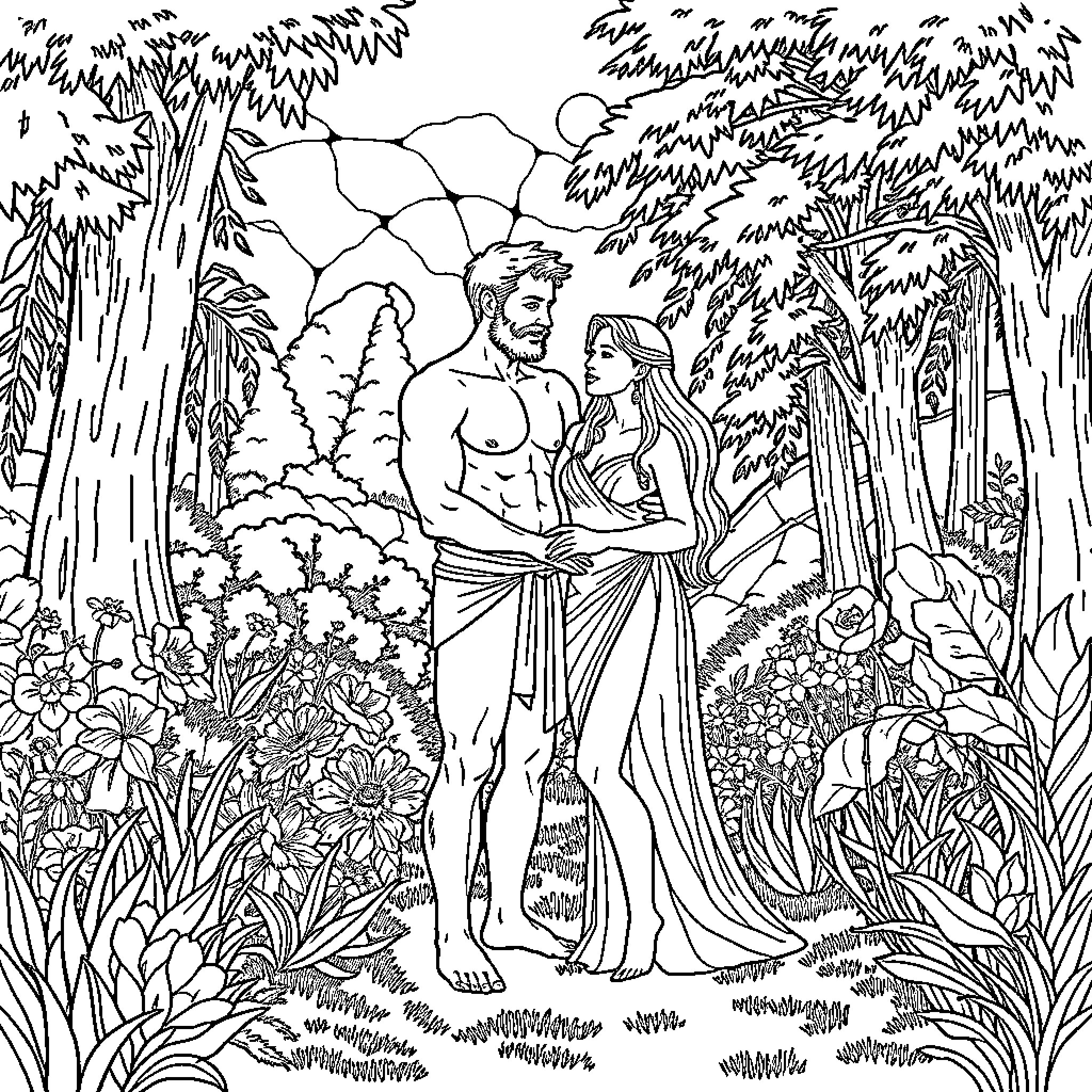 Adam and Eve in the Garden of Eden Coloring Page (free black-and-white line drawing printable PDF for all, from beginners to advanced learners, including children, teens, adults, and seniors)