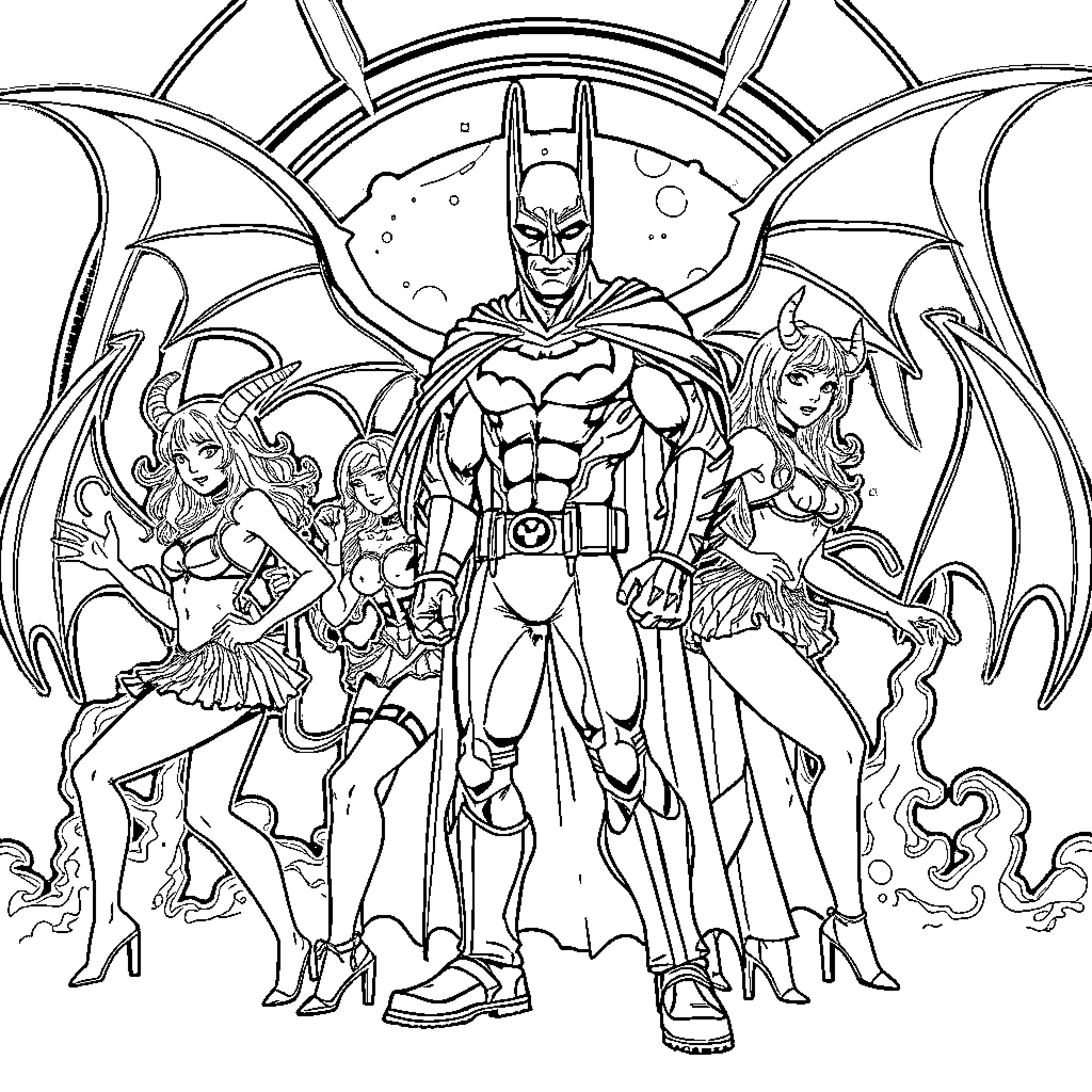 Kpop Demon Ensemble in Superhero Attire Coloring Page (free black-and-white line drawing printable PDF for all, from beginners to advanced learners, including children, teens, adults, and seniors)