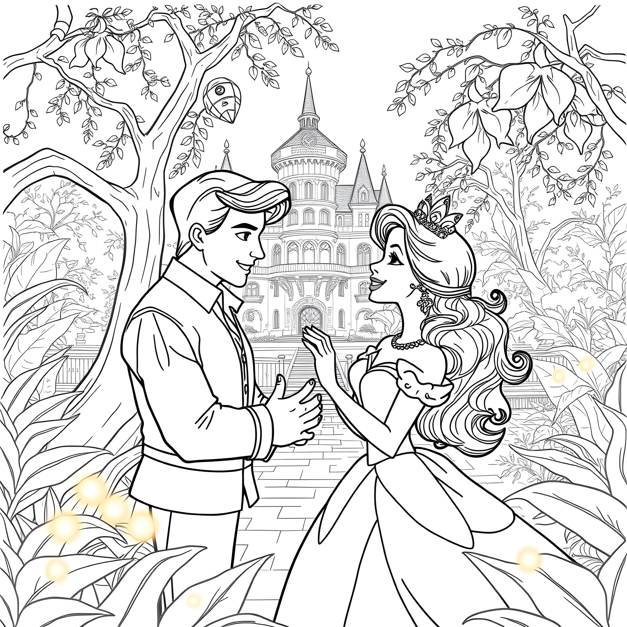 Tiana and Prince Charming in Enchanted Garden Coloring Page (free black-and-white line drawing printable PDF for all, from beginners to advanced learners, including children, teens, adults, and seniors)