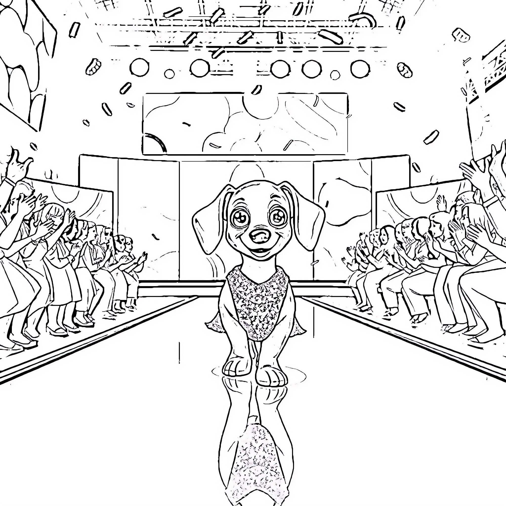 Dachshund performing on a stage with audience Coloring Page (free black-and-white line drawing printable PDF for all, from beginners to advanced learners, including children, teens, adults, and seniors)