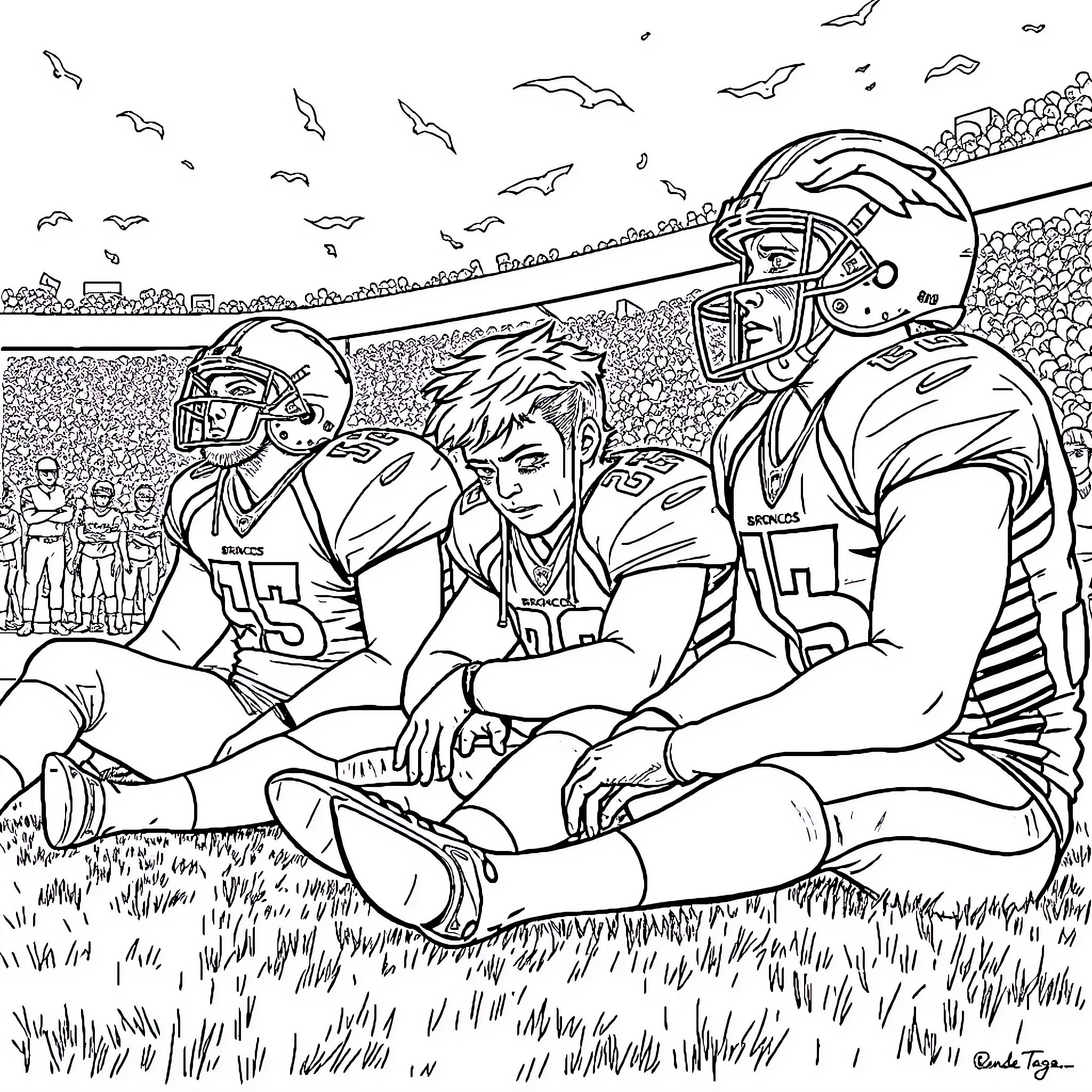 Bronco Players Huddle on the Field Coloring Page (free black-and-white line drawing printable PDF for all, from beginners to advanced learners, including children, teens, adults, and seniors)