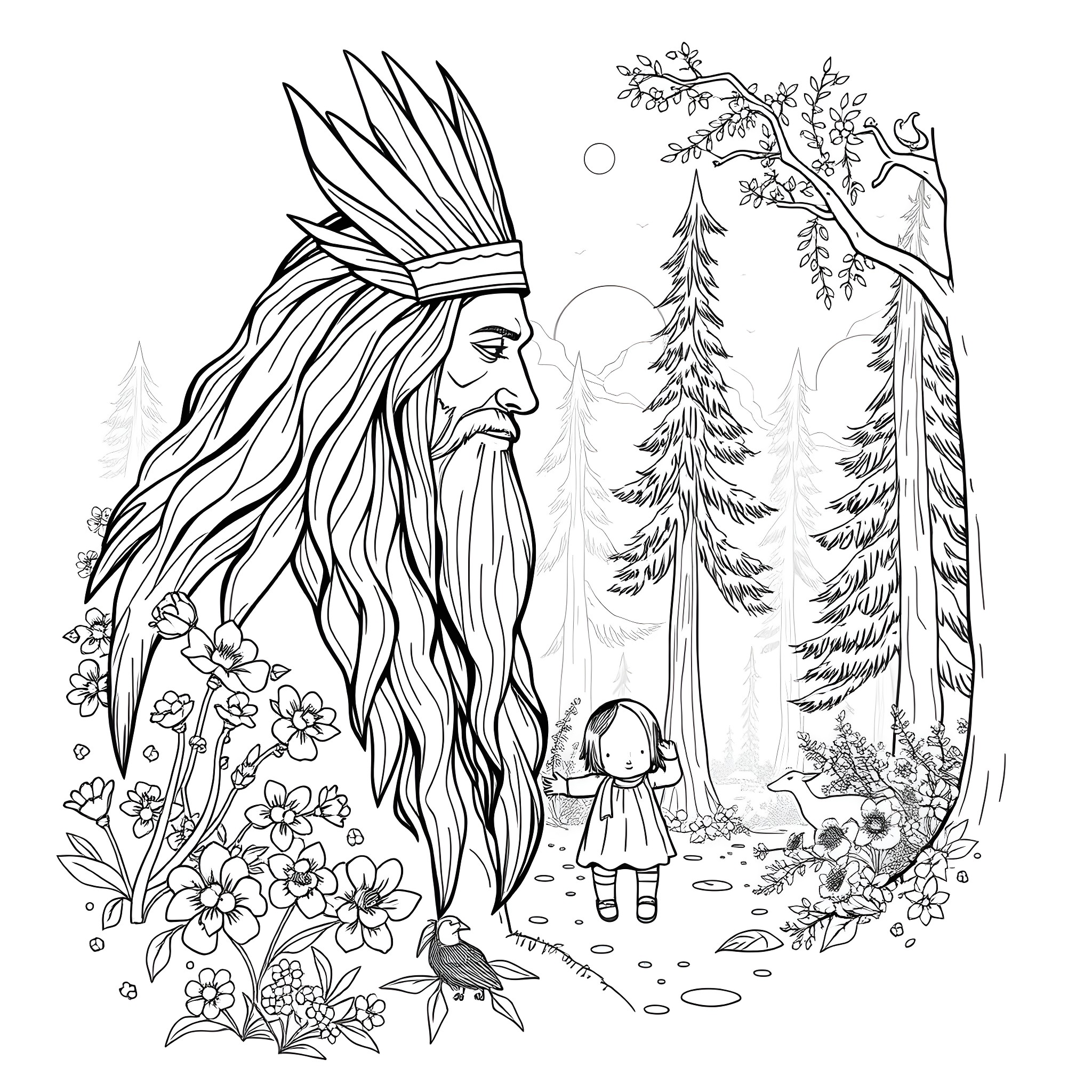 Great Spirit of the Forest observing a wandering girl Coloring Page (free black-and-white line drawing printable PDF for all, from beginners to advanced learners, including children, teens, adults, and seniors)