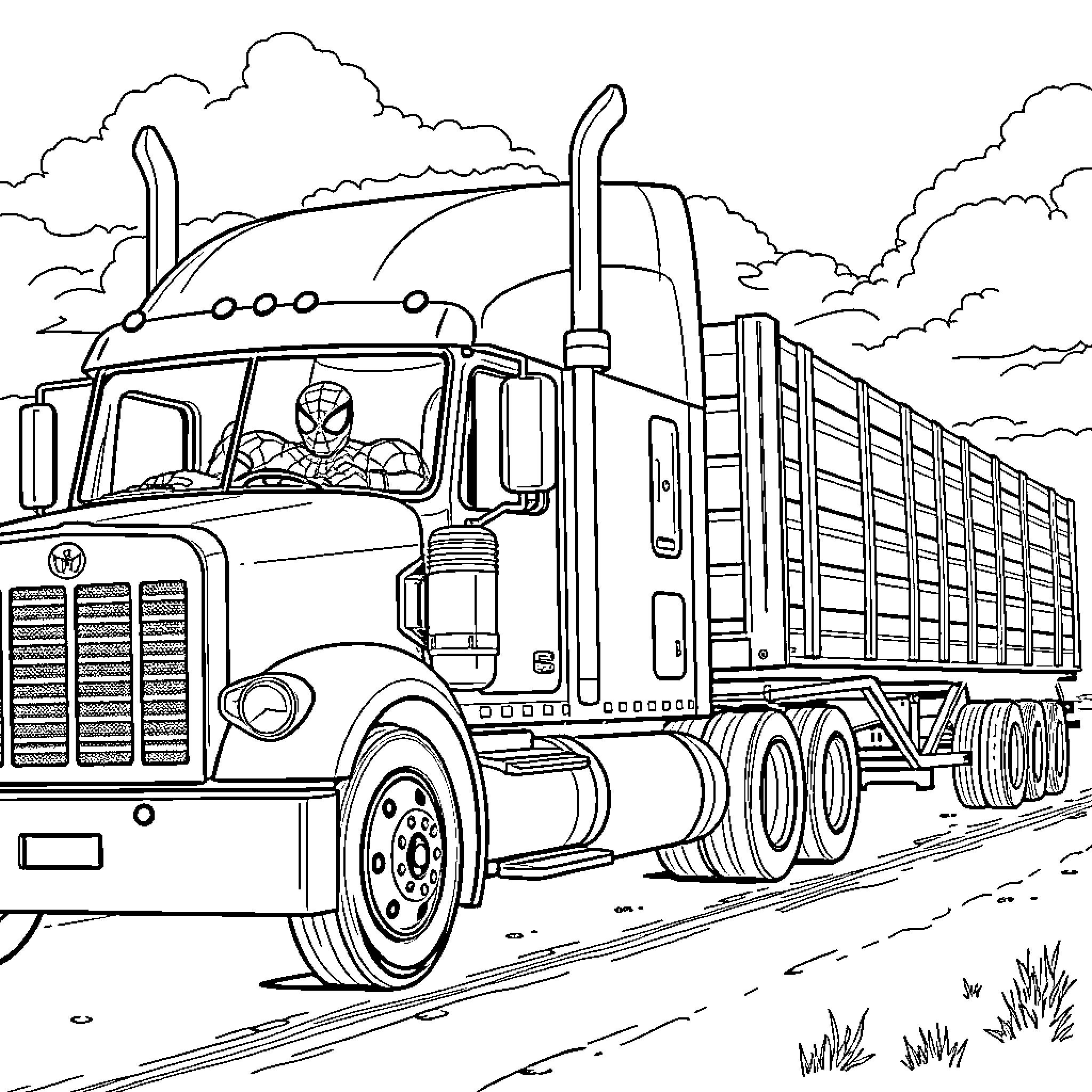 Spiderman riding a large transport truck in the countryside Coloring Page (free black-and-white line drawing printable PDF for all, from beginners to advanced learners, including children, teens, adults, and seniors)