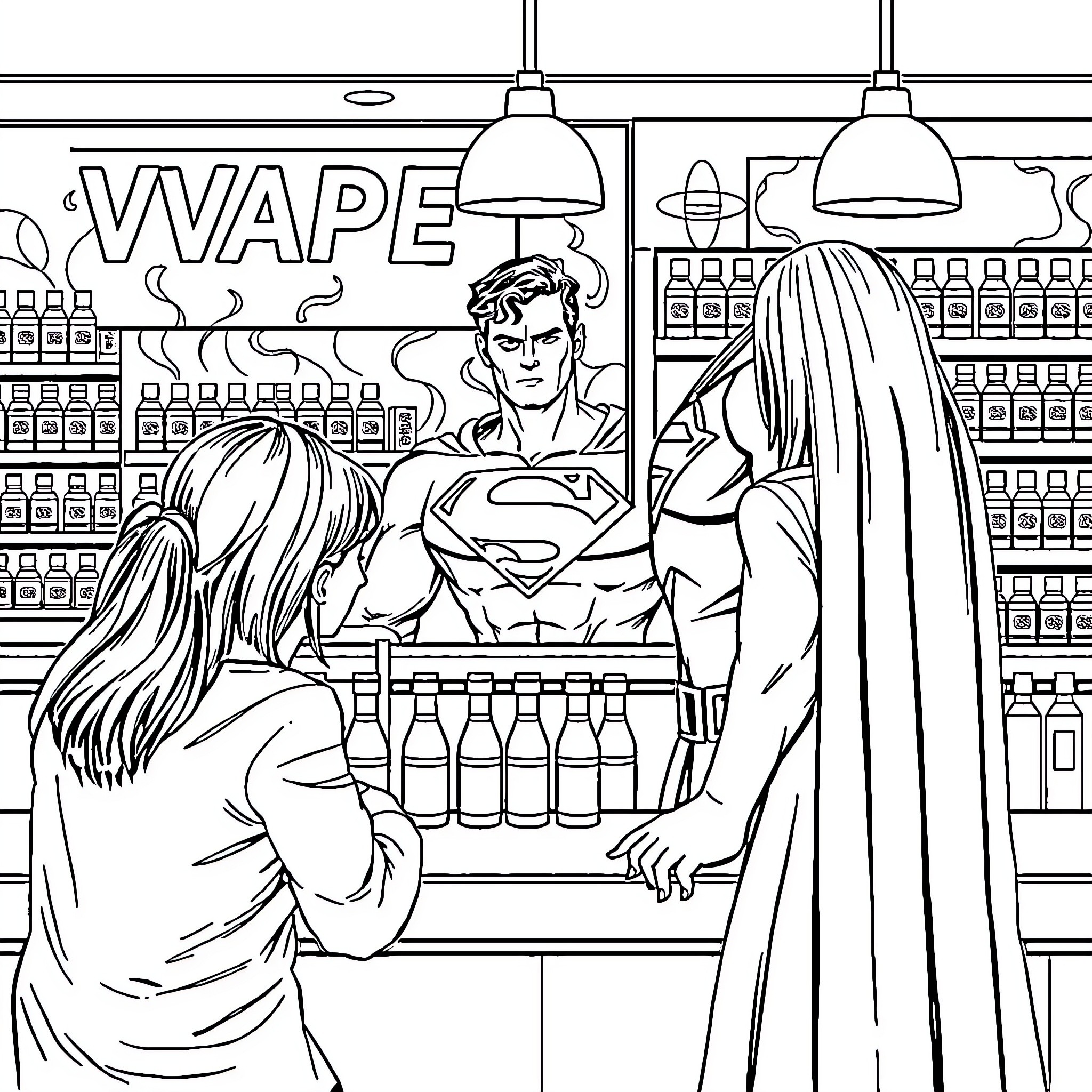 Superman Interacting with Customers in Vape Shop Coloring Page (free black-and-white line drawing printable PDF for all, from beginners to advanced learners, including children, teens, adults, and seniors)