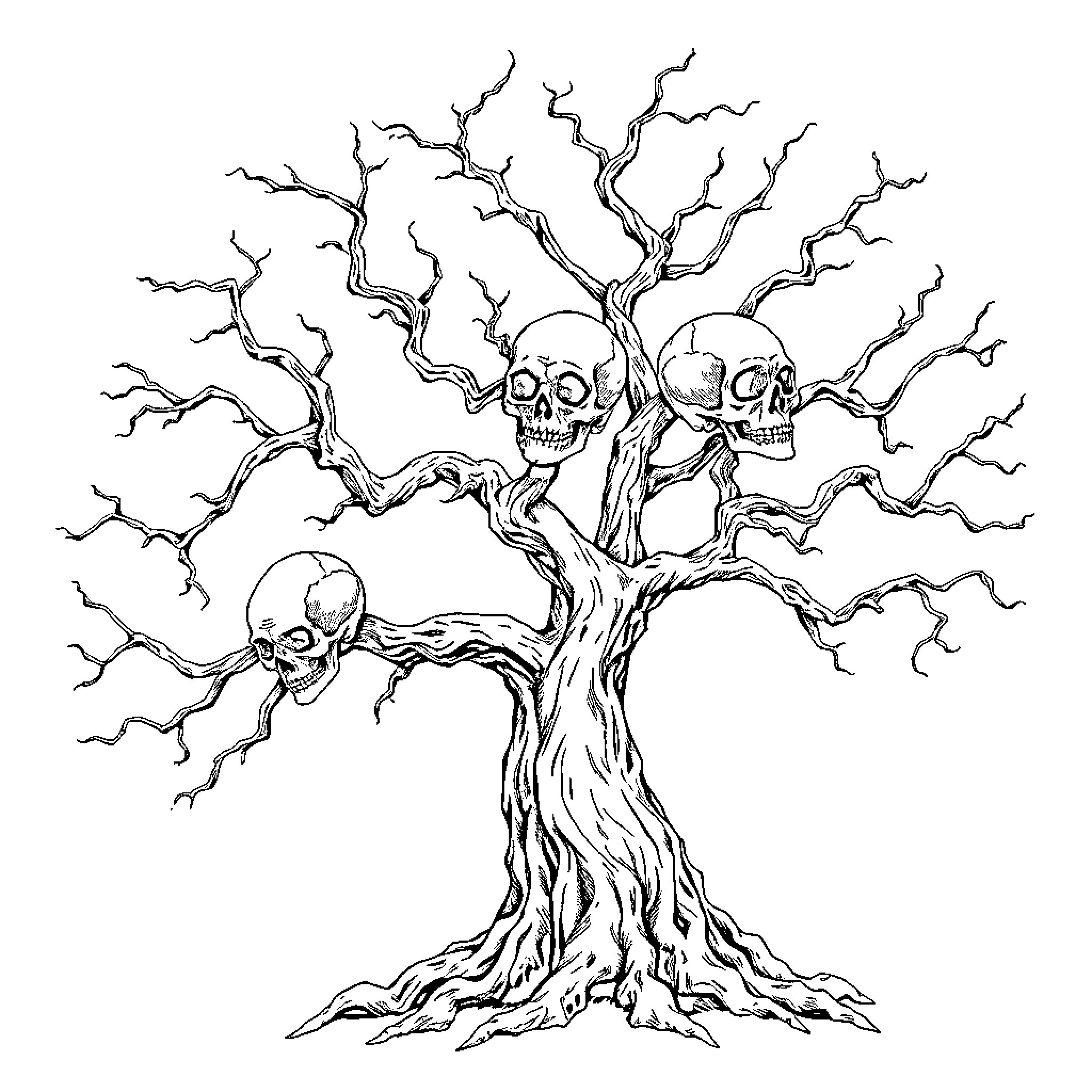 Tree of Skulls with Twisted Branches Coloring Page (free black-and-white line drawing printable PDF for all, from beginners to advanced learners, including children, teens, adults, and seniors)