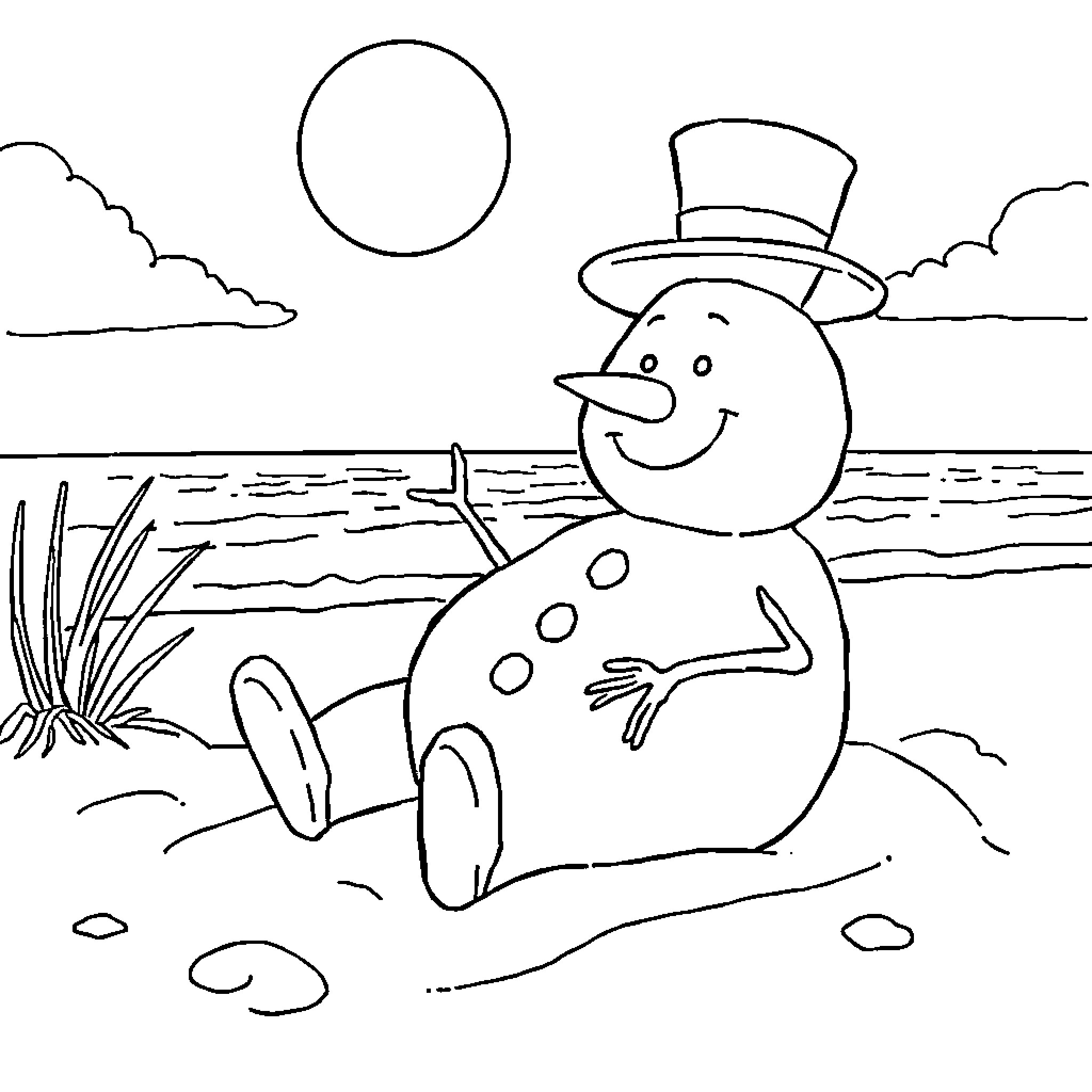 Snowman enjoying a sunny day at the beach Coloring Page (free black-and-white line drawing printable PDF for all, from beginners to advanced learners, including children, teens, adults, and seniors)