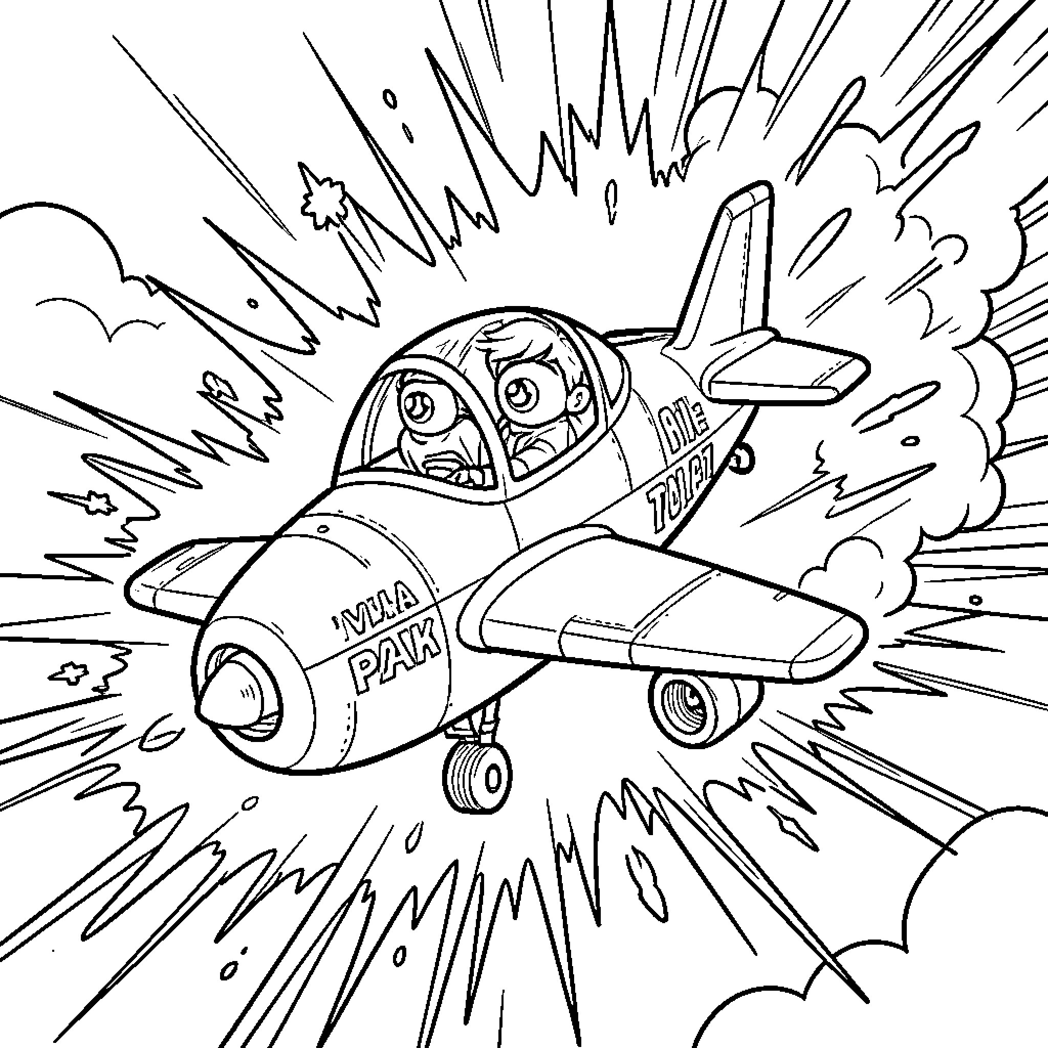 Avión volando rápidamente entre grandes explosiones Coloring Page (free black-and-white line drawing printable PDF for all, from beginners to advanced learners, including children, teens, adults, and seniors)
