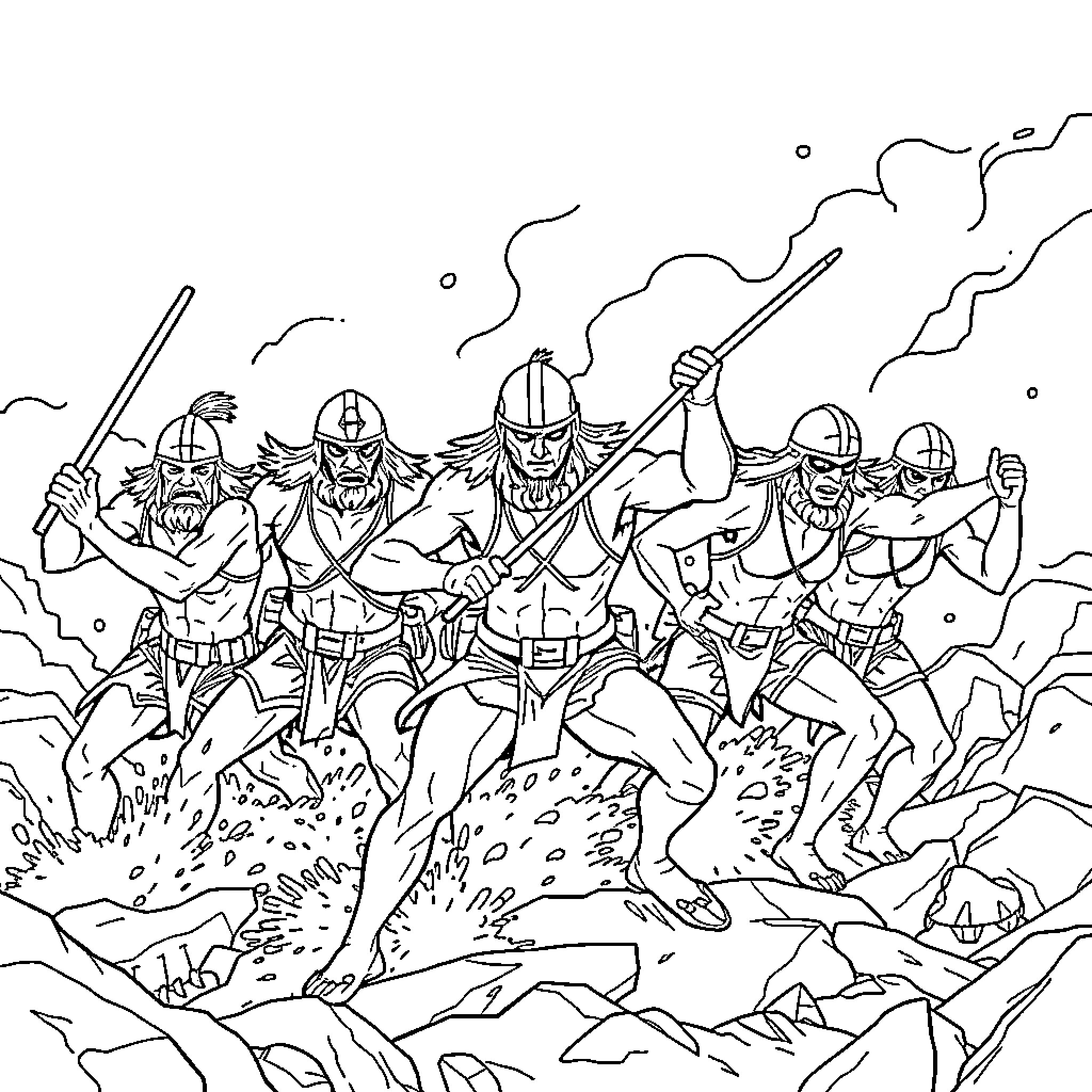 Warrior Tribe Charging into Battle Coloring Page (free black-and-white line drawing printable PDF for all, from beginners to advanced learners, including children, teens, adults, and seniors)