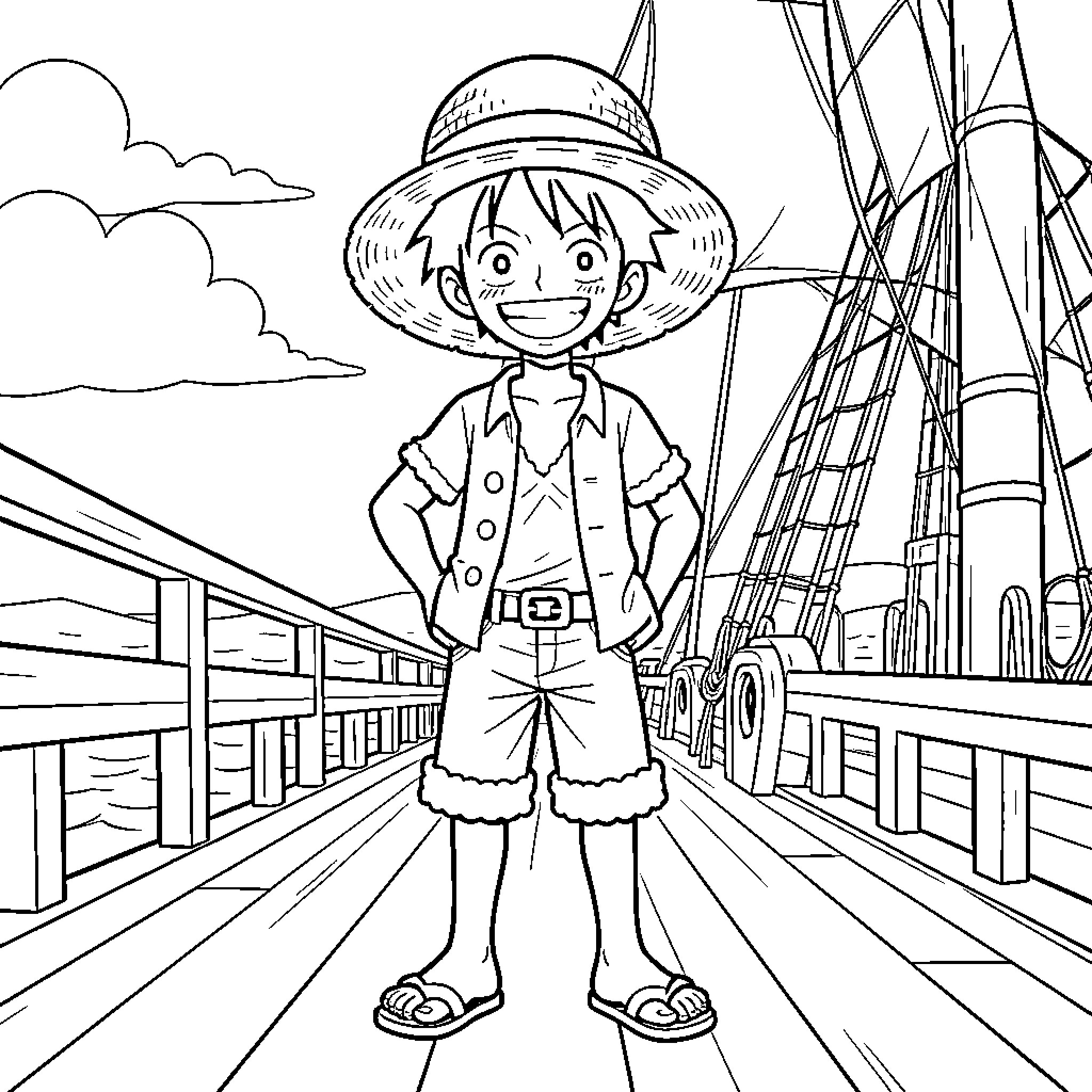 Luffy's Adventurous Journey on the Ship Coloring Page (free black-and-white line drawing printable PDF for all, from beginners to advanced learners, including children, teens, adults, and seniors)