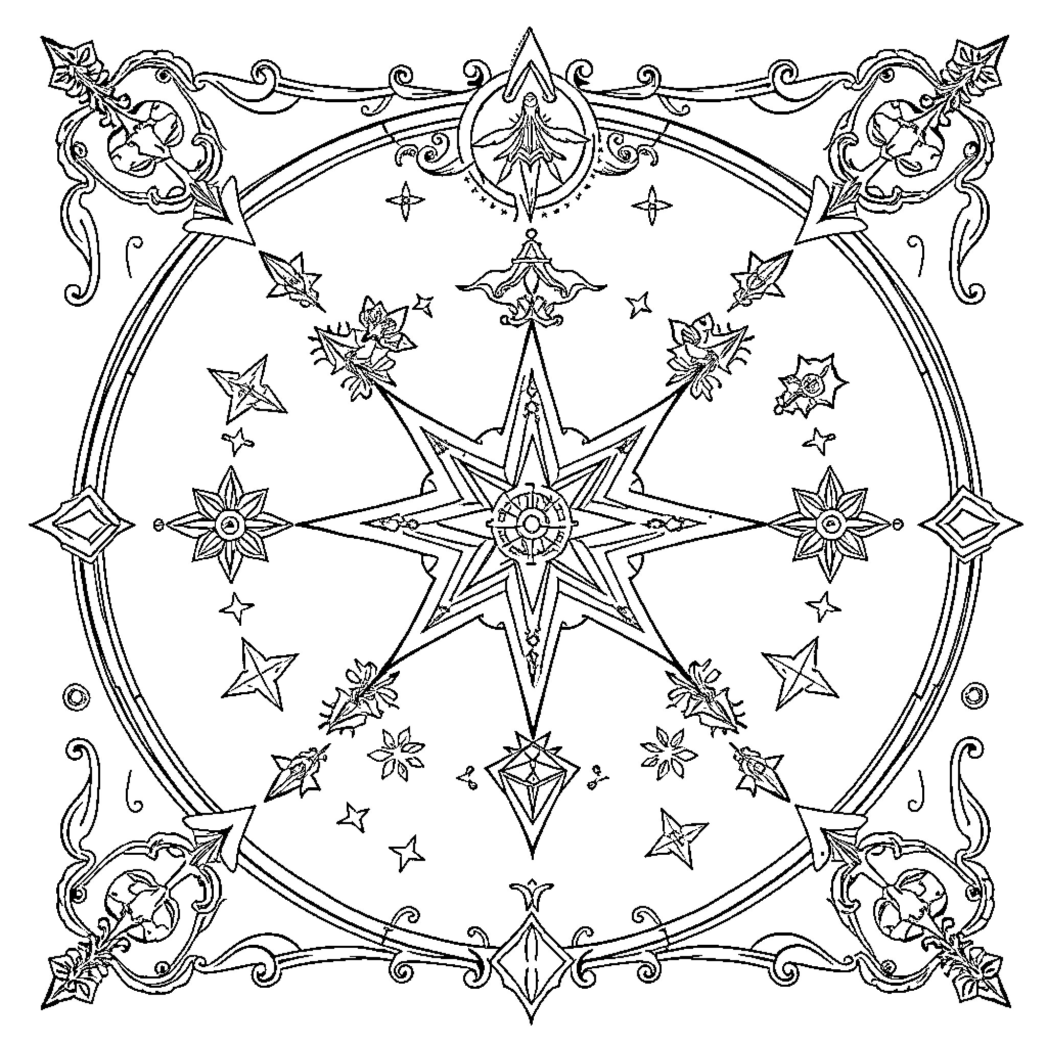 Grimoire of Celestial Embellishments Coloring Page (free black-and-white line drawing printable PDF for all, from beginners to advanced learners, including children, teens, adults, and seniors)