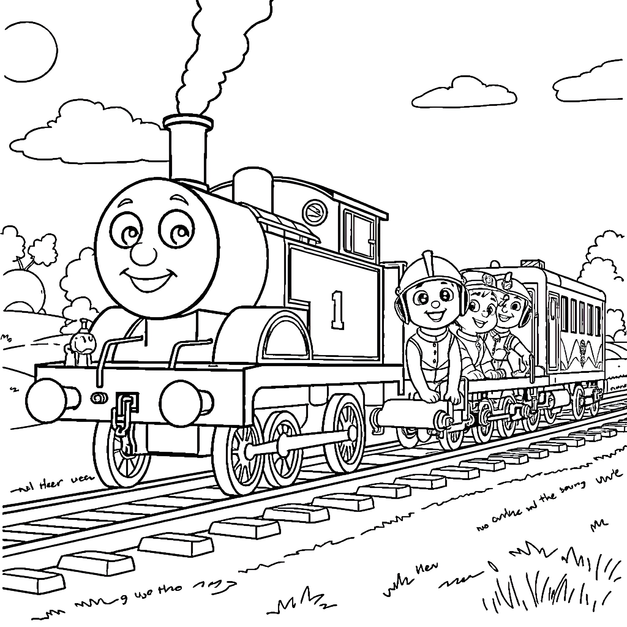 Paw Patrol characters ride on a cheerful train Coloring Page (free black-and-white line drawing printable PDF for all, from beginners to advanced learners, including children, teens, adults, and seniors)