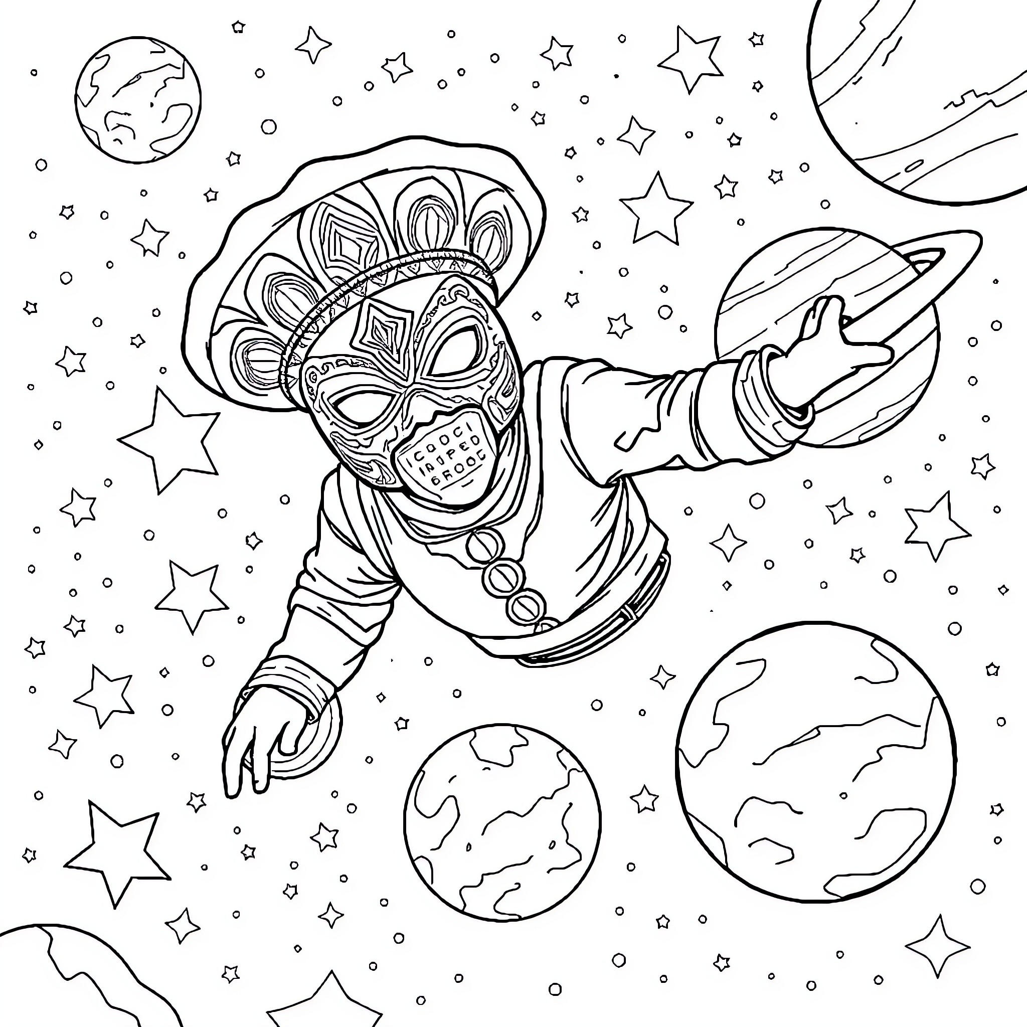Luchador floating in cosmic space Coloring Page (free black-and-white line drawing printable PDF for all, from beginners to advanced learners, including children, teens, adults, and seniors)
