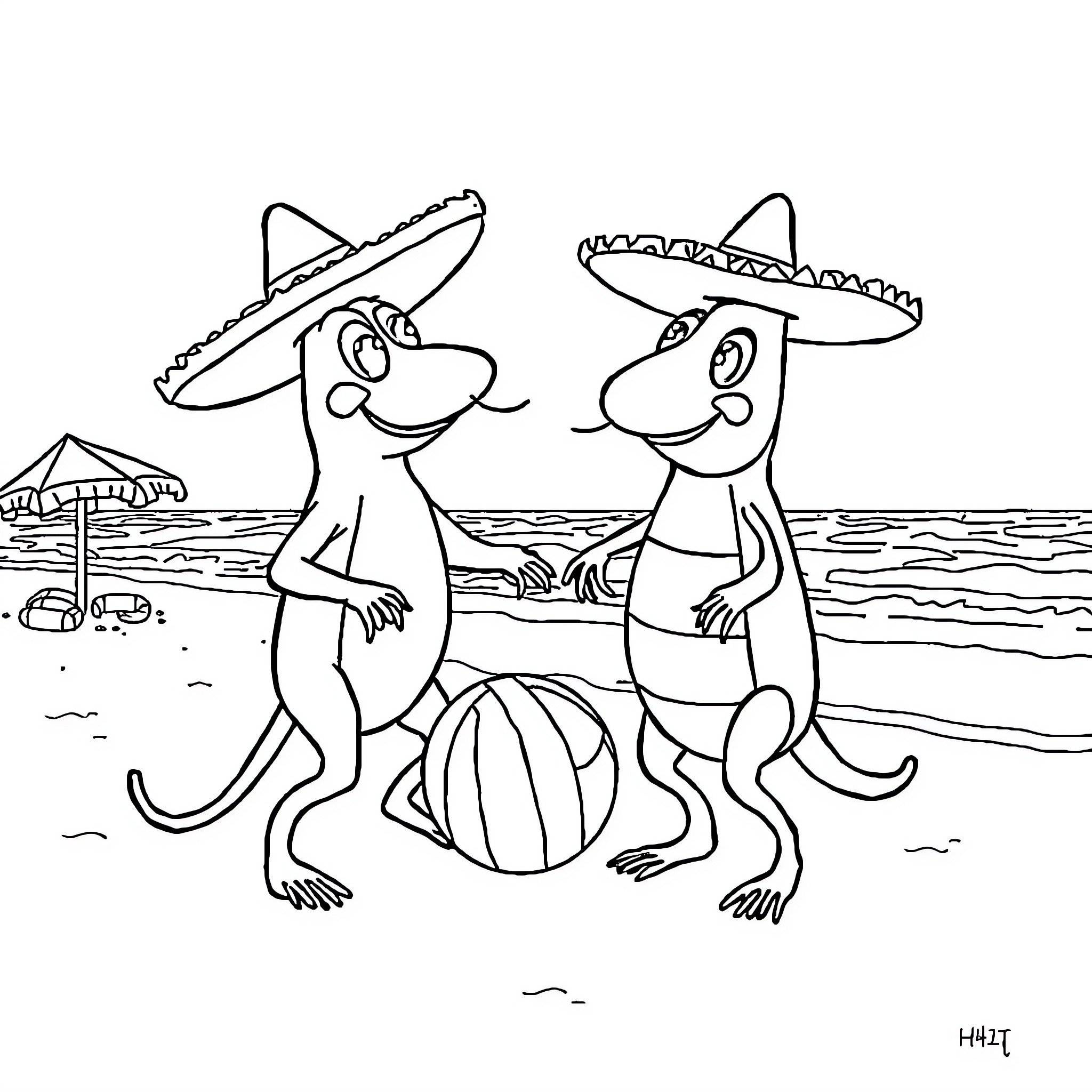 Cornichon Mexican Lizards Playing at the Beach Coloring Page (free black-and-white line drawing printable PDF for all, from beginners to advanced learners, including children, teens, adults, and seniors)