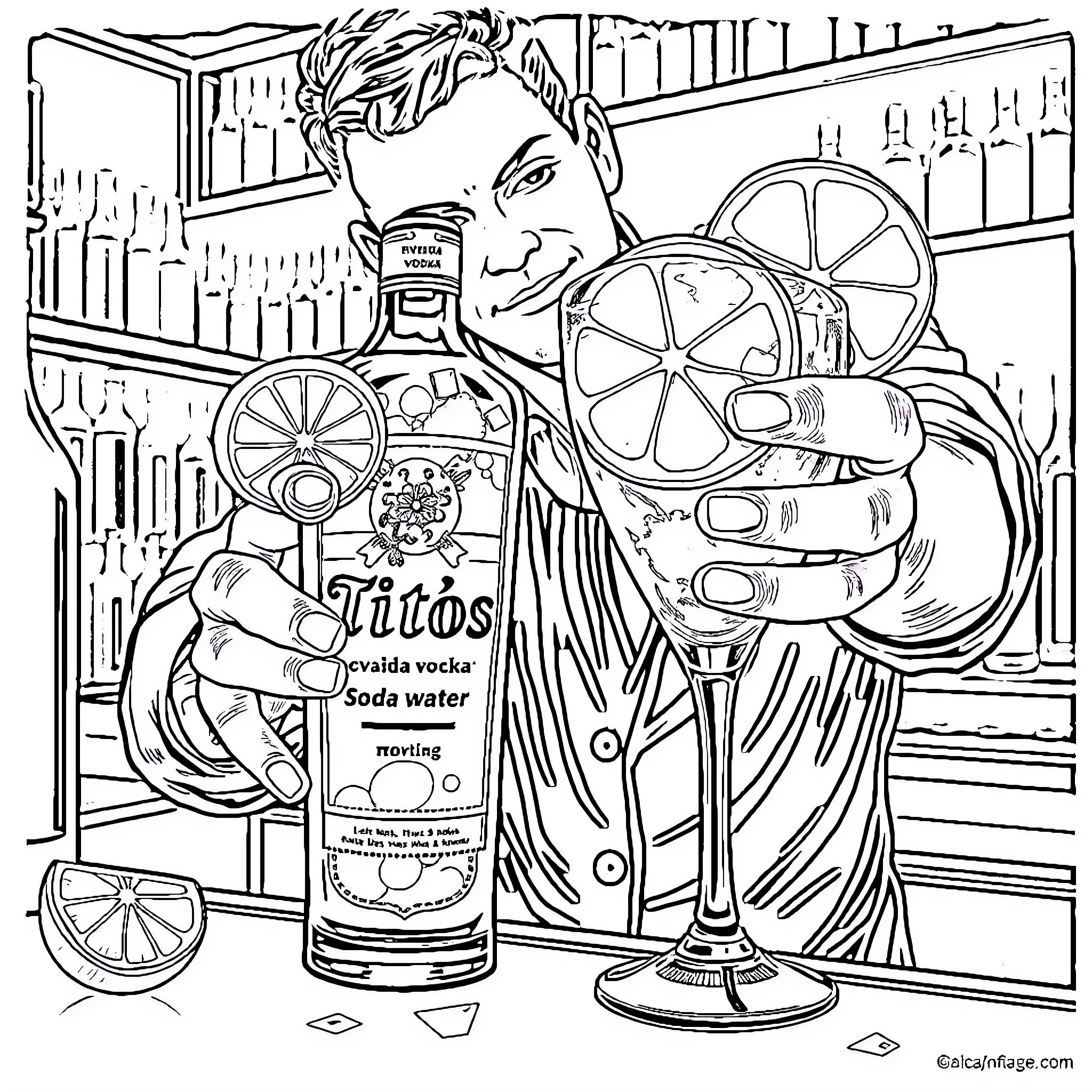 Cocktail Connoisseur Enjoys Refreshing Beverage Coloring Page (free black-and-white line drawing printable PDF for all, from beginners to advanced learners, including children, teens, adults, and seniors)