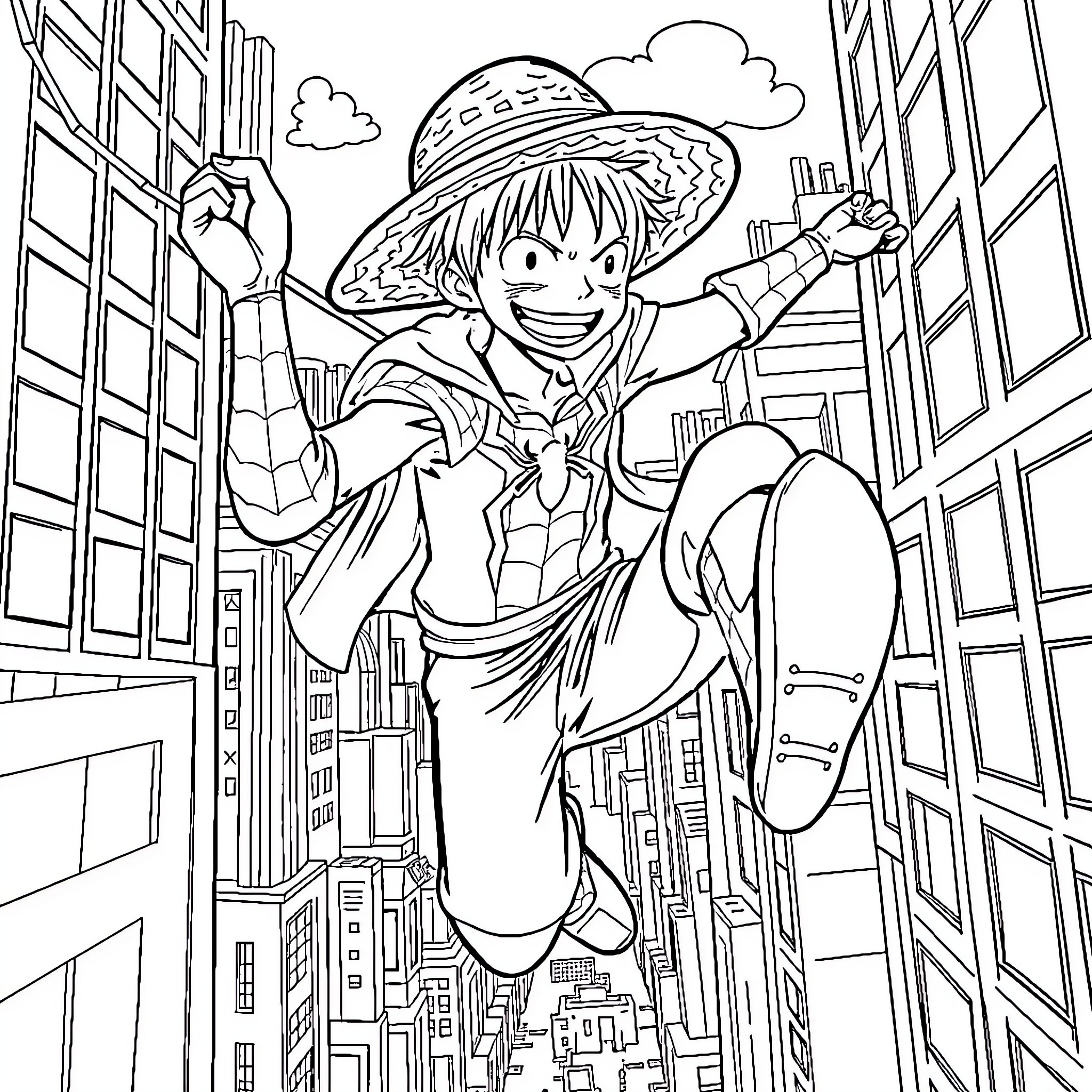 Luffy's Boundless Adventure in the City Coloring Page (free black-and-white line drawing printable PDF for all, from beginners to advanced learners, including children, teens, adults, and seniors)
