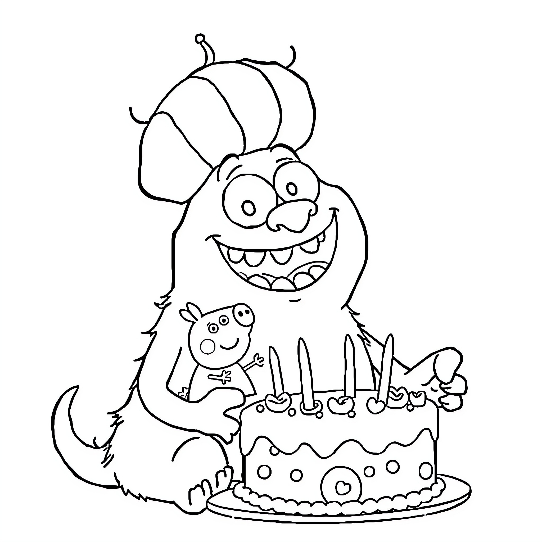 Monster celebrates birthday with cake and friends Coloring Page (free black-and-white line drawing printable PDF for all, from beginners to advanced learners, including children, teens, adults, and seniors)