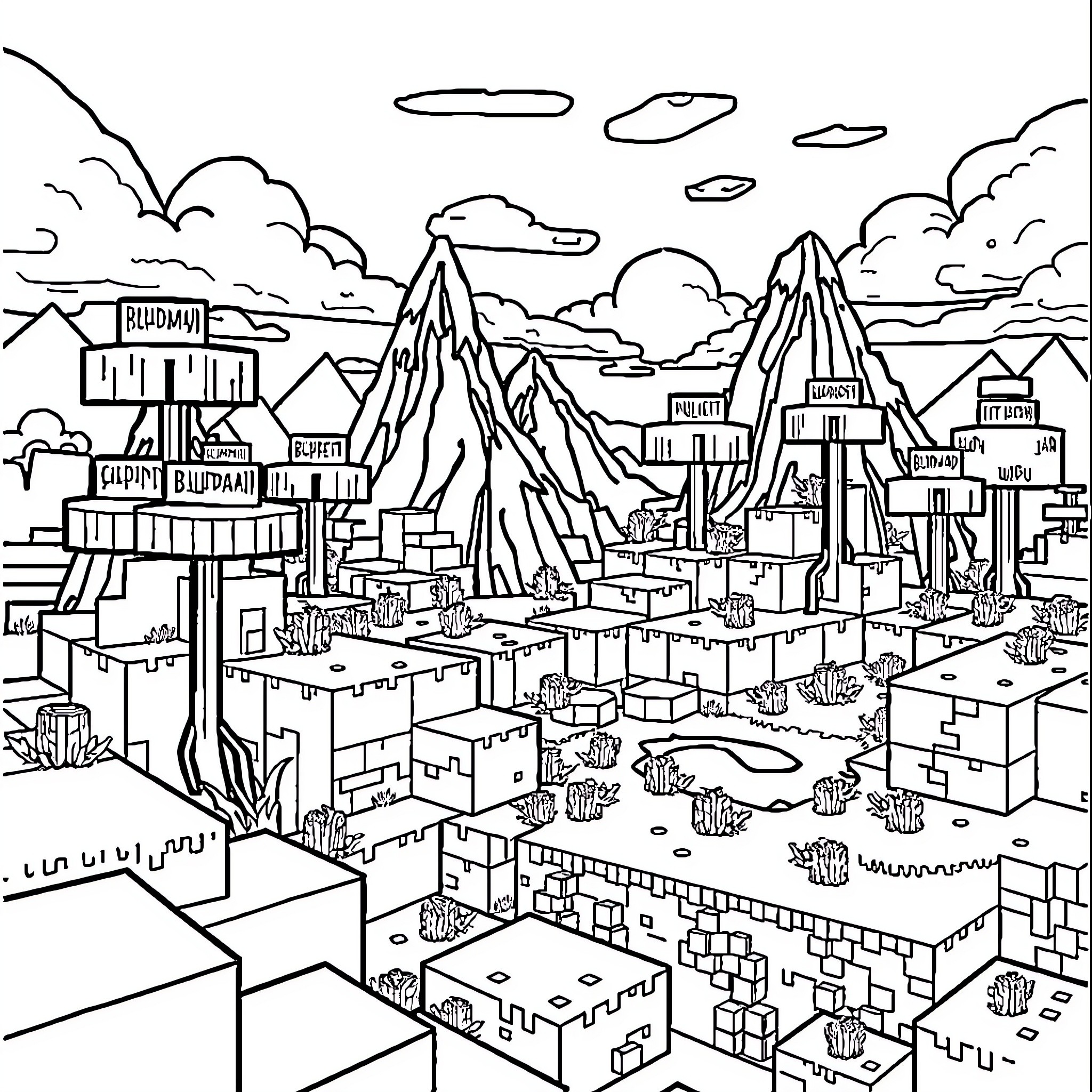 Minecraft Mountainous Town with Bustling Buildings Coloring Page (free black-and-white line drawing printable PDF for all, from beginners to advanced learners, including children, teens, adults, and seniors)