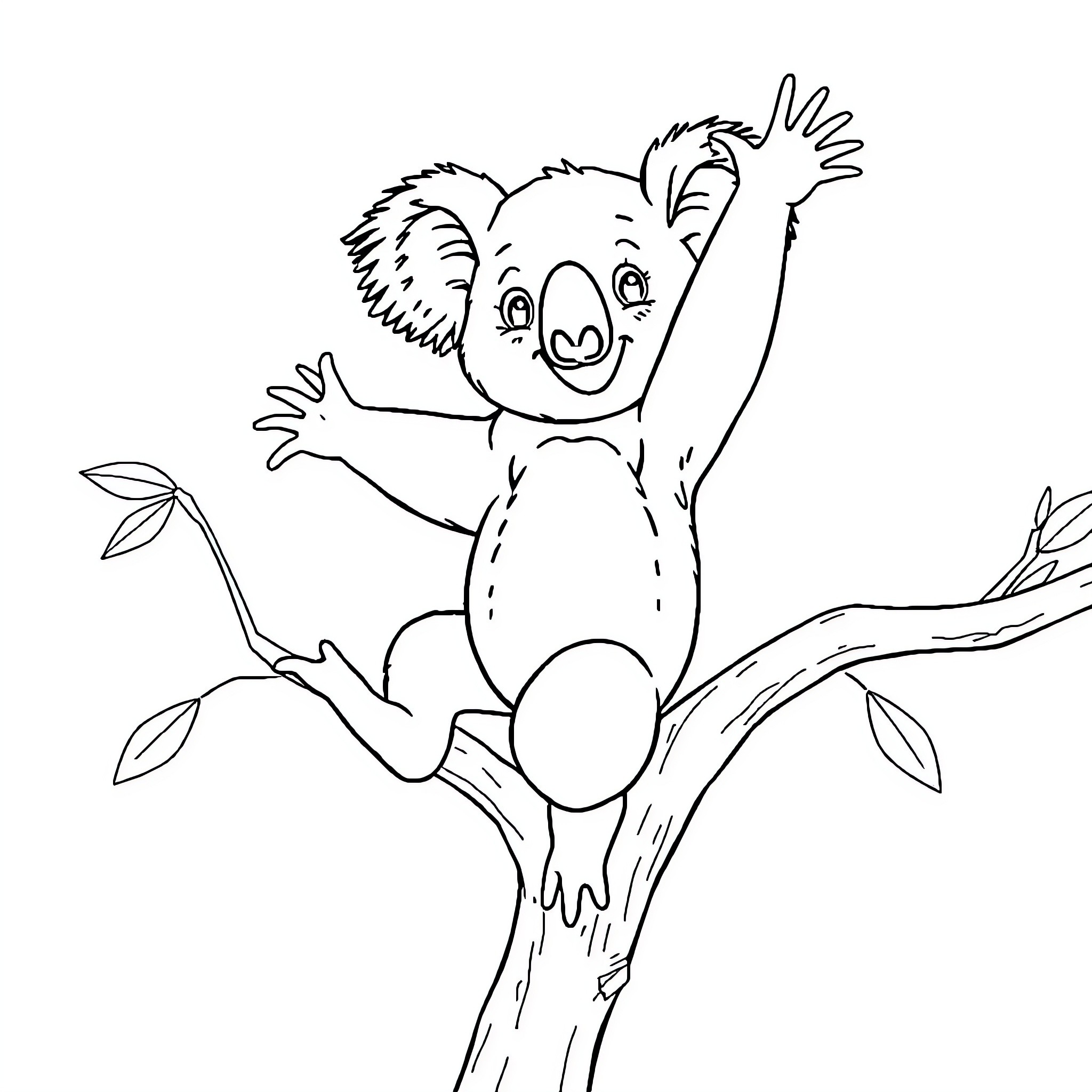 Koala waving in a tree Coloring Page (free black-and-white line drawing printable PDF for all, from beginners to advanced learners, including children, teens, adults, and seniors)
