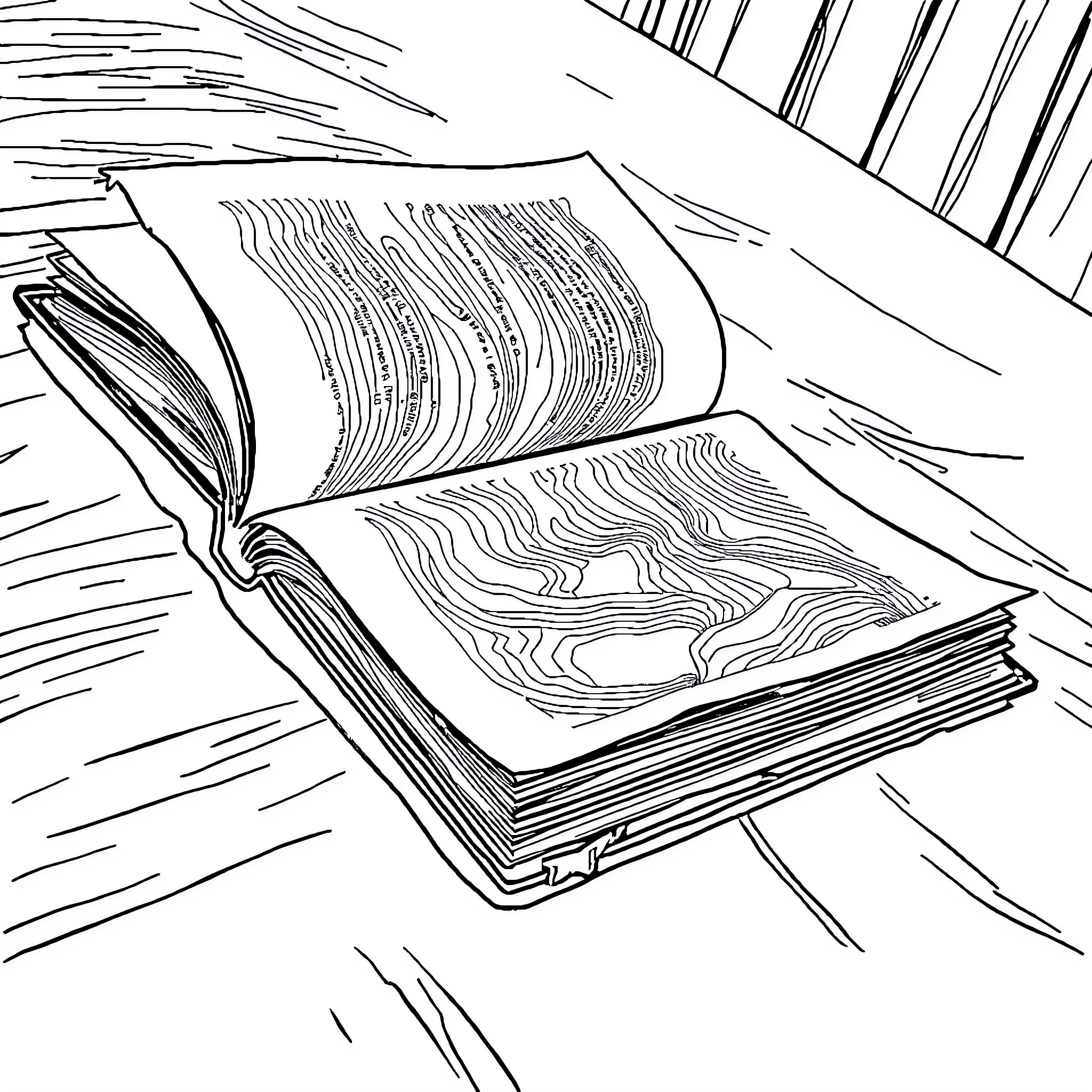 Book of Flowing Pages Coloring Page (free black-and-white line drawing printable PDF for all, from beginners to advanced learners, including children, teens, adults, and seniors)