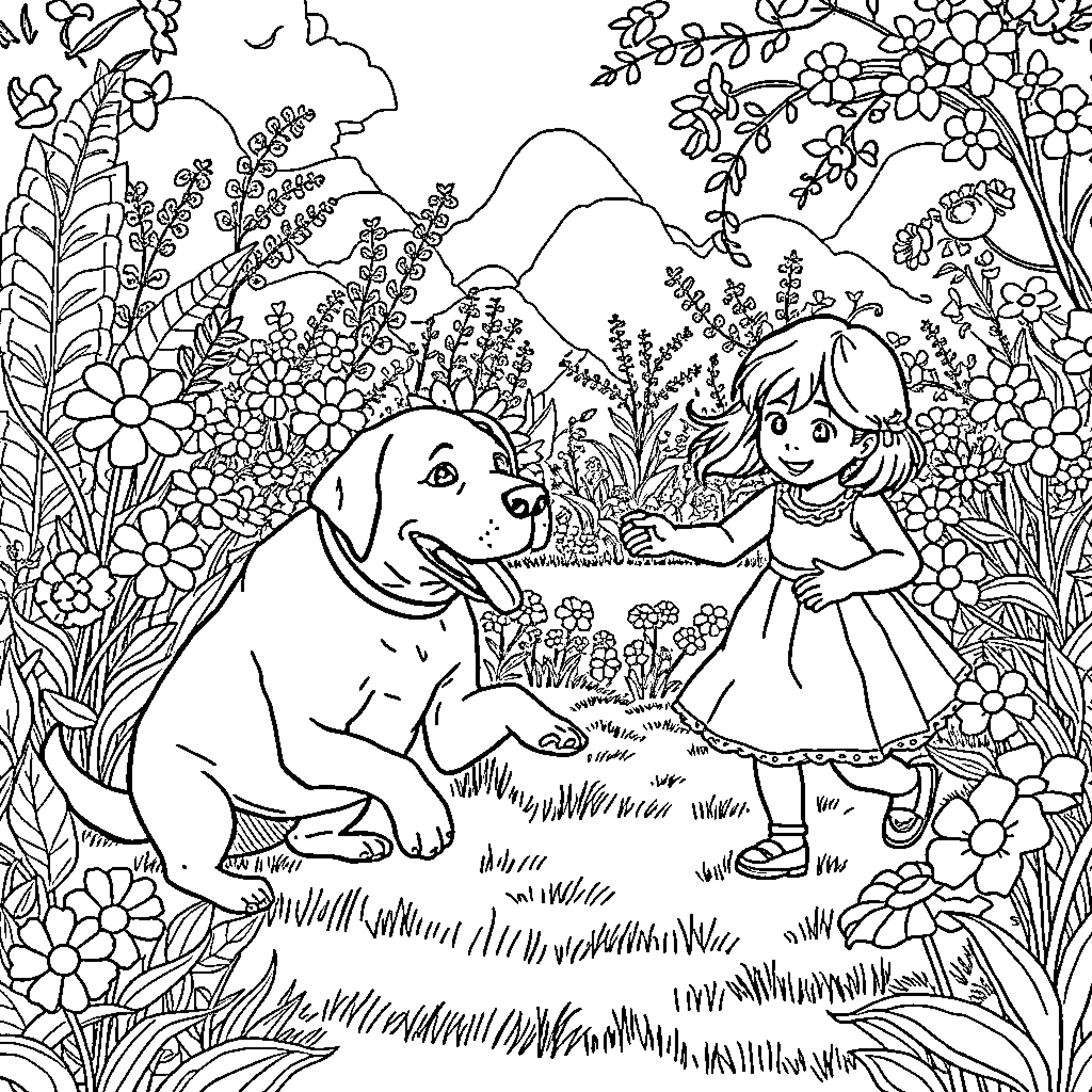 Labrador and Girl in Flower-Filled Meadow Coloring Page (free black-and-white line drawing printable PDF for all, from beginners to advanced learners, including children, teens, adults, and seniors)
